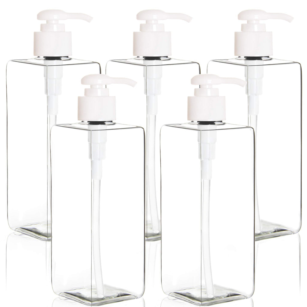 Youngever 5 Pack 16 Ounce Plastic Pump Bottles, Refillable Square Plastic Pump Bottles for Dispensing Lotions, Shampoos and More
