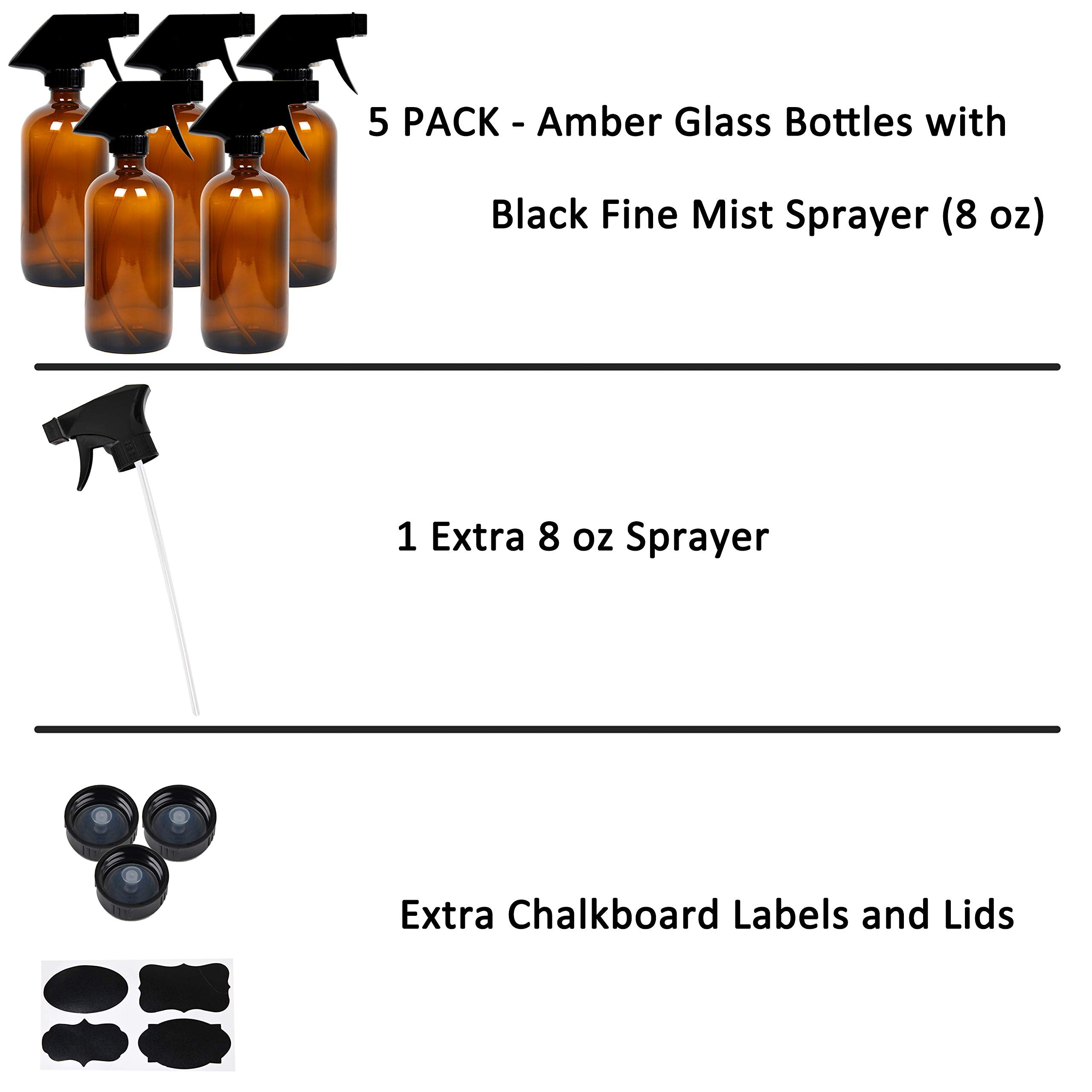 Youngever 5 Pack Empty Amber Glass Spray Bottles, 8 Ounce Refillable Container for Essential Oils, Cleaning Products, or Aromatherapy, Trigger Sprayer with Mist and Stream Settings