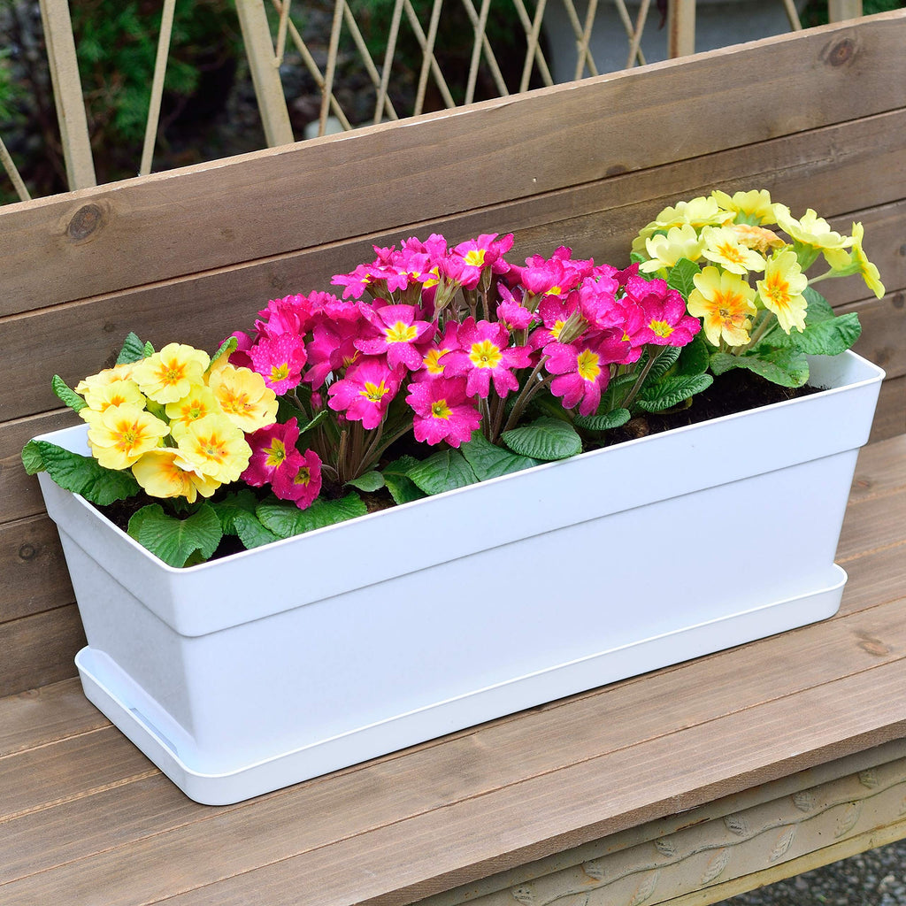 Youngever 3 Pack 15 Inch Plastic Window Box Planter, Heavy Duty, Flower Box Planter with Attached Tray for Windowsill Garden Balcony, White
