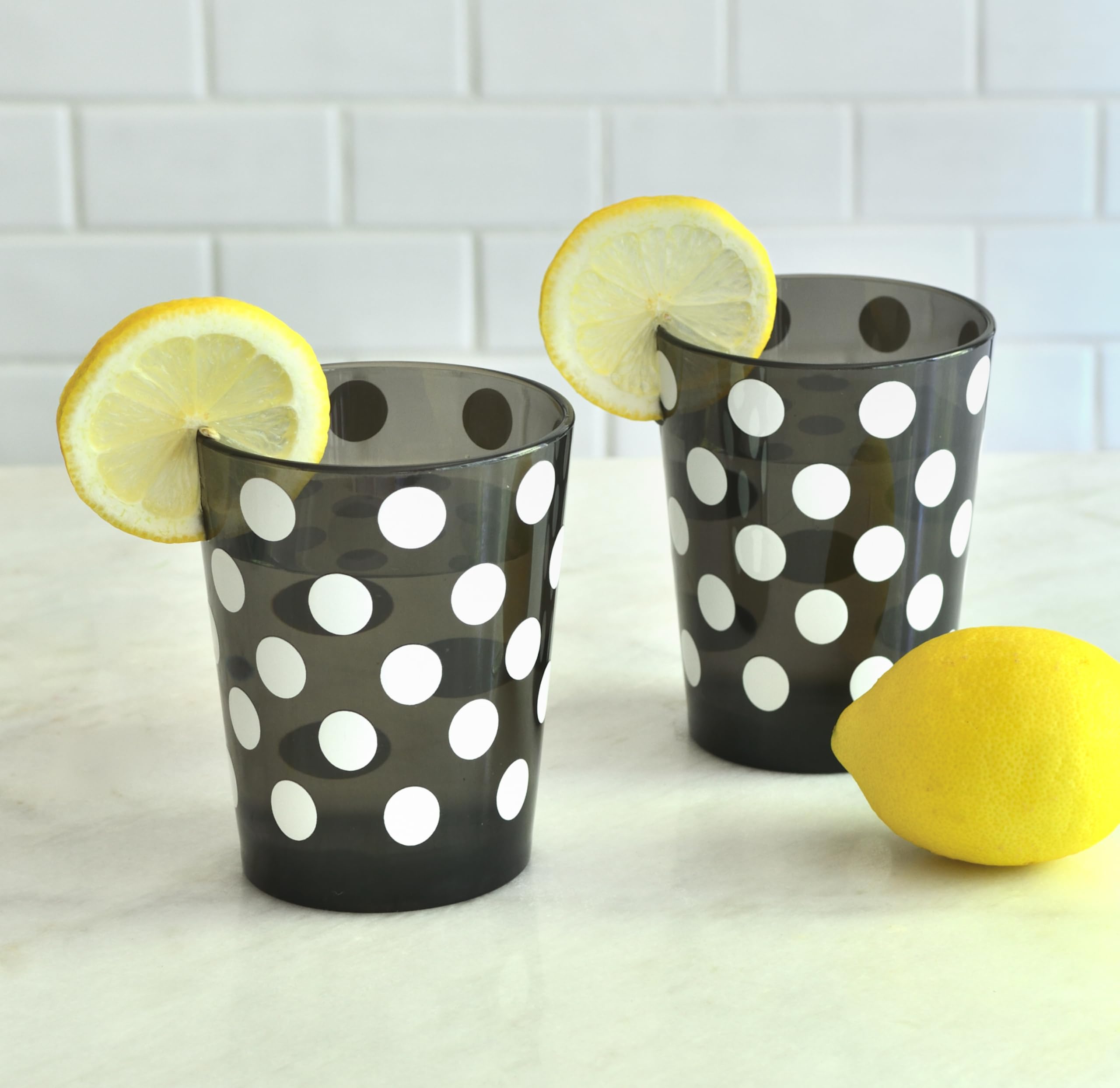 Youngever 4 Pack 16 Ounce Plastic Tumblers, Bistro Plastic Glasses, Cafe BreakResistant Drinking Glasses, Shatterproof Beverage Tumblers, Reusable, NO BPA, Top rack Dishwasher Safe (White Polka)
