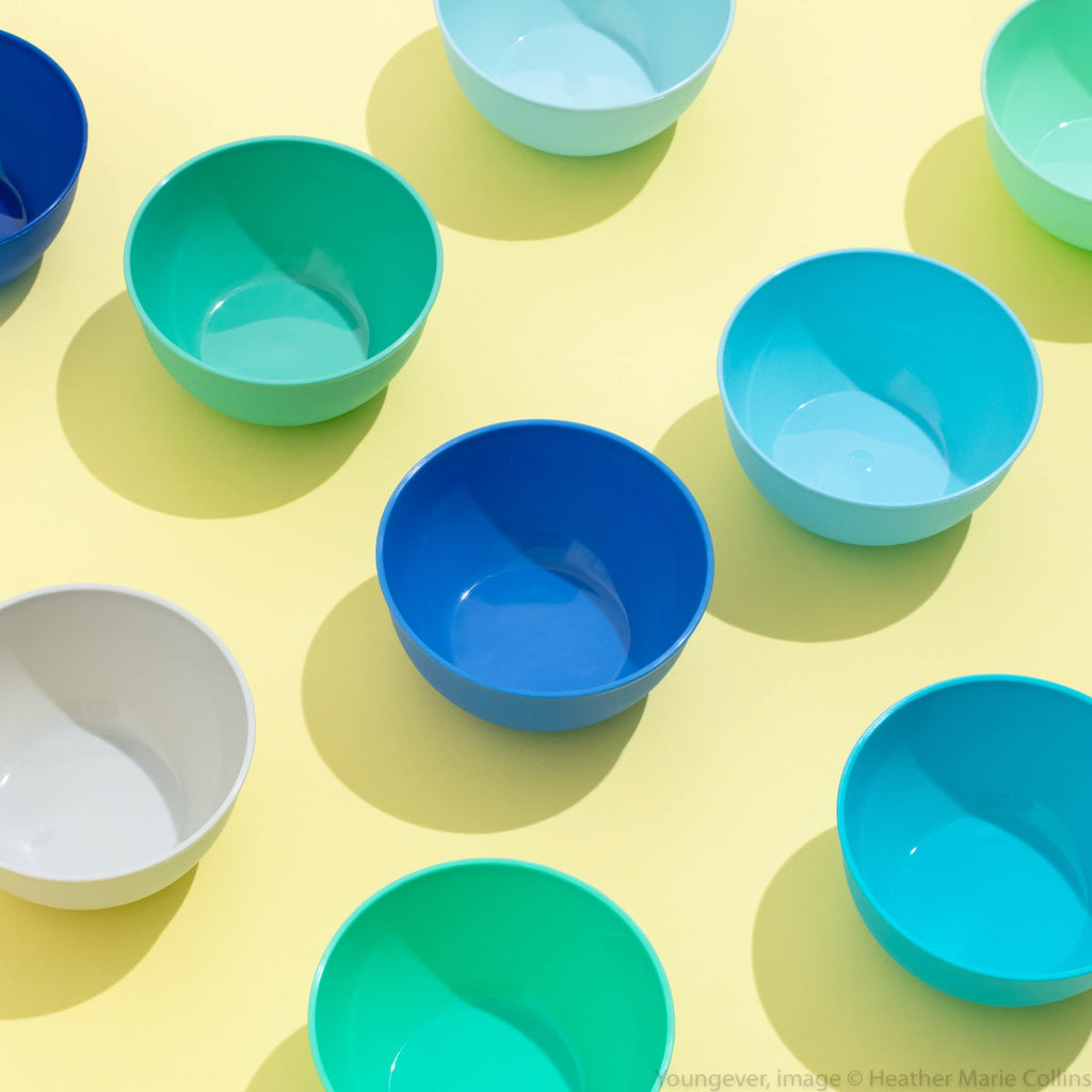Youngever 54 pcs Plastic Dinnerware Set of 9, Coastal Colors, Toddler Dining Set, Cups, Plates, Bowls, Flatware Set