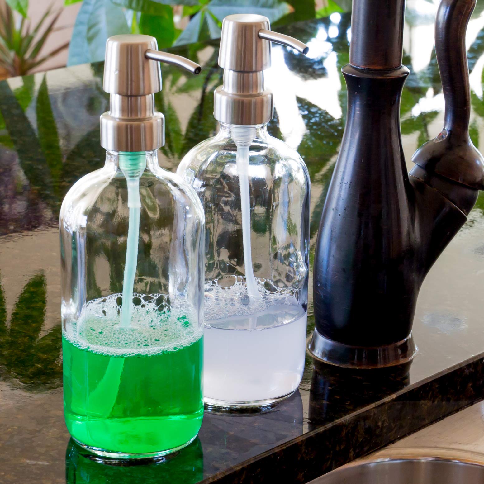Youngever 3 Pack 16 Ounce Clear Glass Boston Round Bottles with Stainless Steel Pumps, Glass Soap Dispensers with Extra Labels and Lids, Great for Essential Oils, Lotions, Liquid Soaps