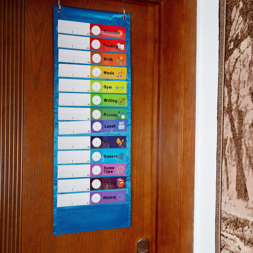 Youngever Classroom Pocket Chart,13+1 Pocket, Daily Schedule Pocket Chart, 26 Double-Sided Reusable Dry-Eraser Cards (13 Color+13 Blank) Educational Charts for Classroom Office Home Preschool Activity