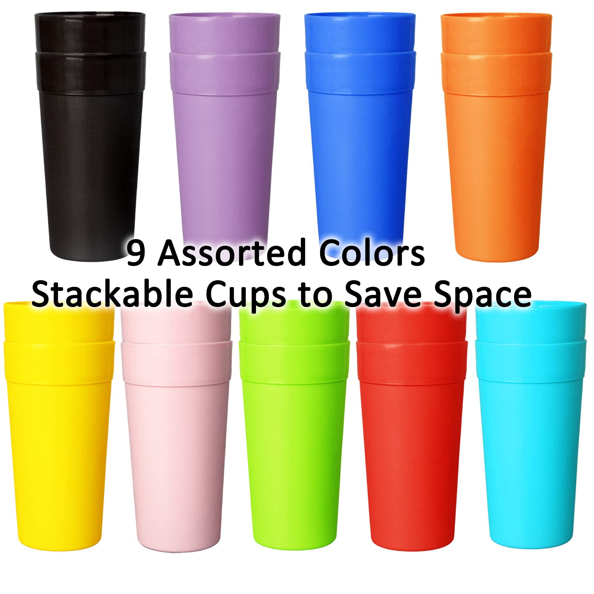 Youngever 9 Pack Plastic Tumblers, Unbreakable Drinking Glasses, Plastic Cups in 9 Assorted Colors (22 Ounce)