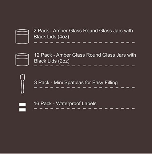 Youngever 14 Amber Round Glass Jars, 12 pack 2 Ounce Amber Glass Round Glass Jars, 2 pack 4 Ounce Amber Round Glass Jars, with Inner Liners and Black Lids