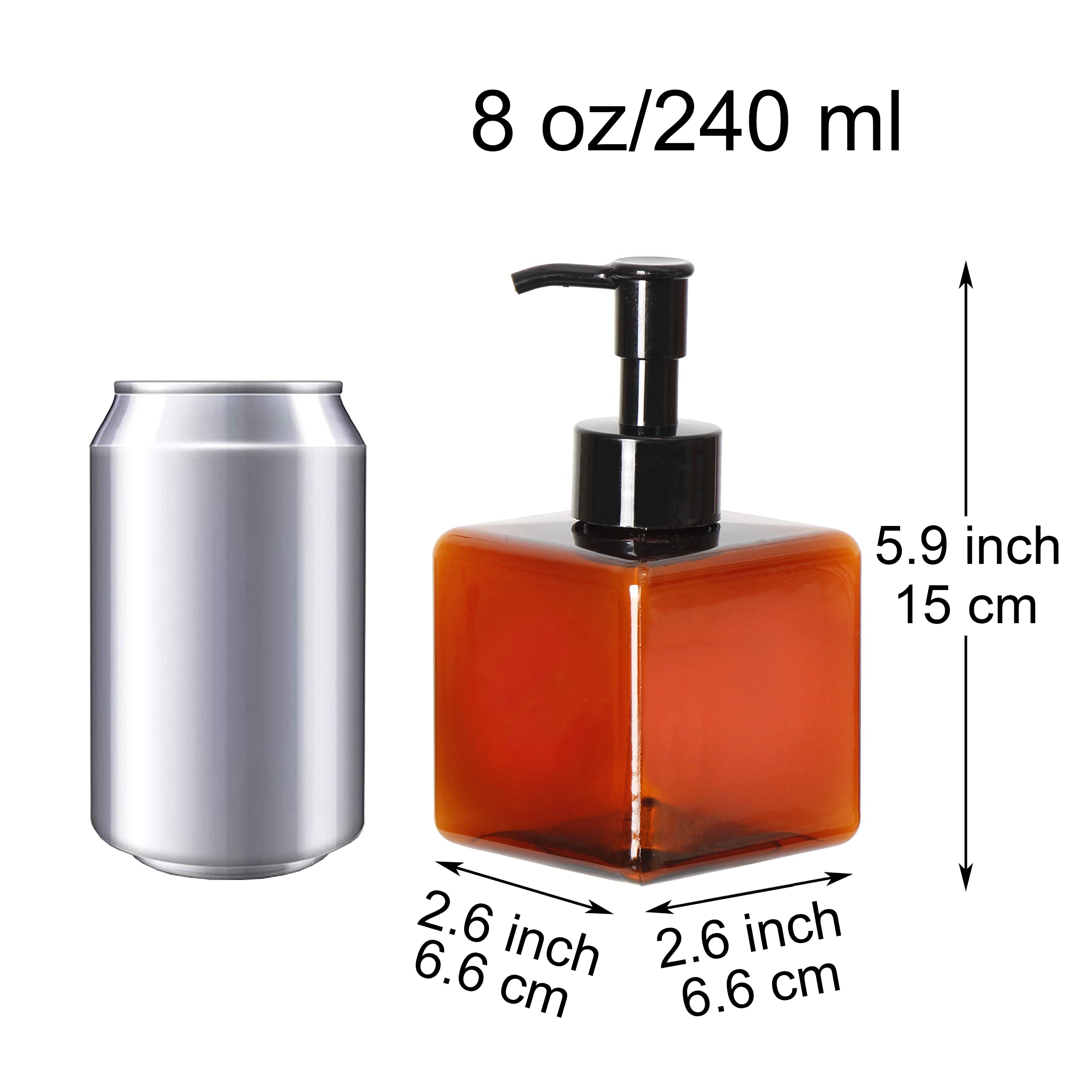 Youngever 5 Pack Amber Plastic Square Pump Bottles, Refillable Plastic Pump Bottles for Dispensing Lotions, Shampoos (8OZ)