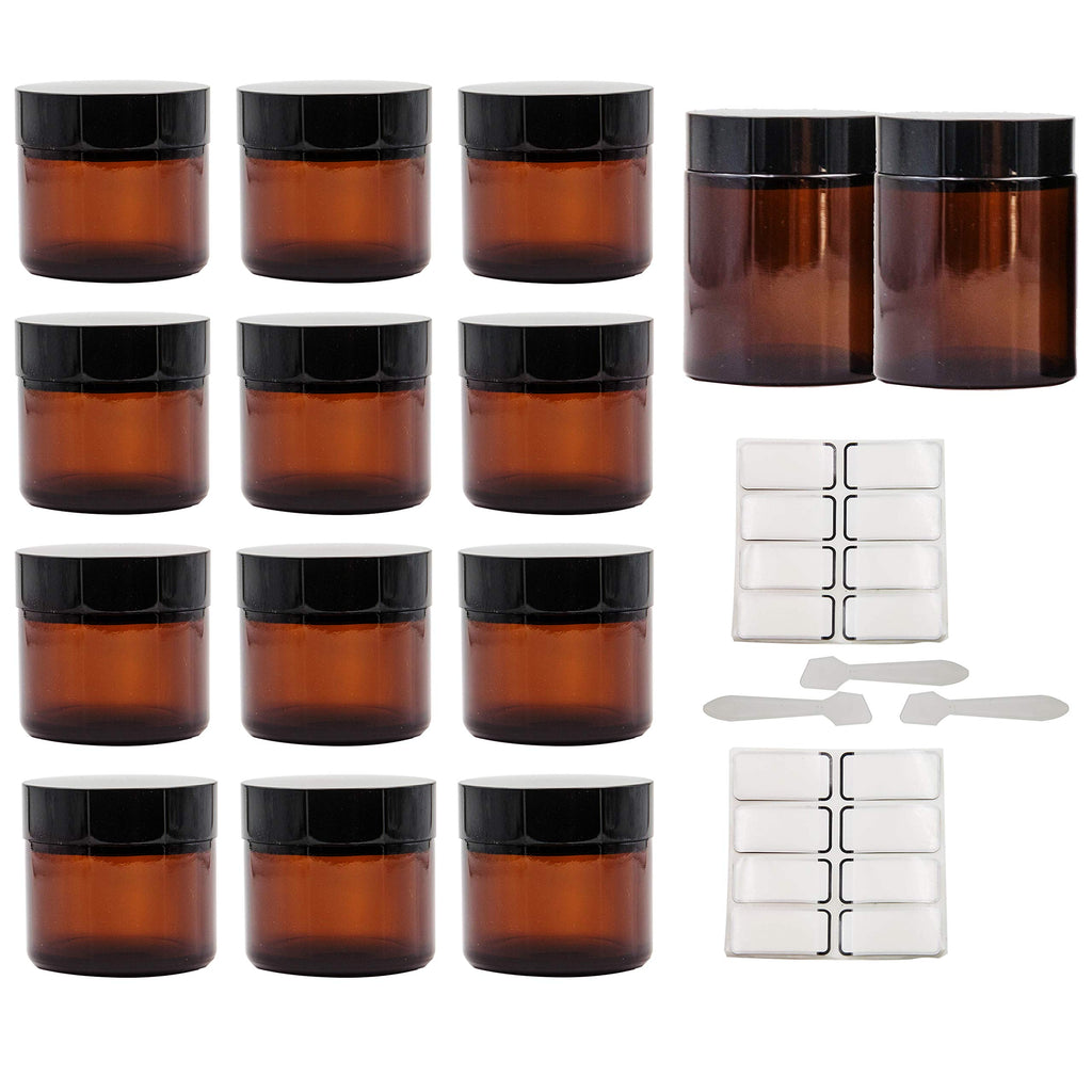 Youngever 14 Amber Round Glass Jars, 12 pack 2 Ounce Amber Glass Round Glass Jars, 2 pack 4 Ounce Amber Round Glass Jars, with Inner Liners and Black Lids
