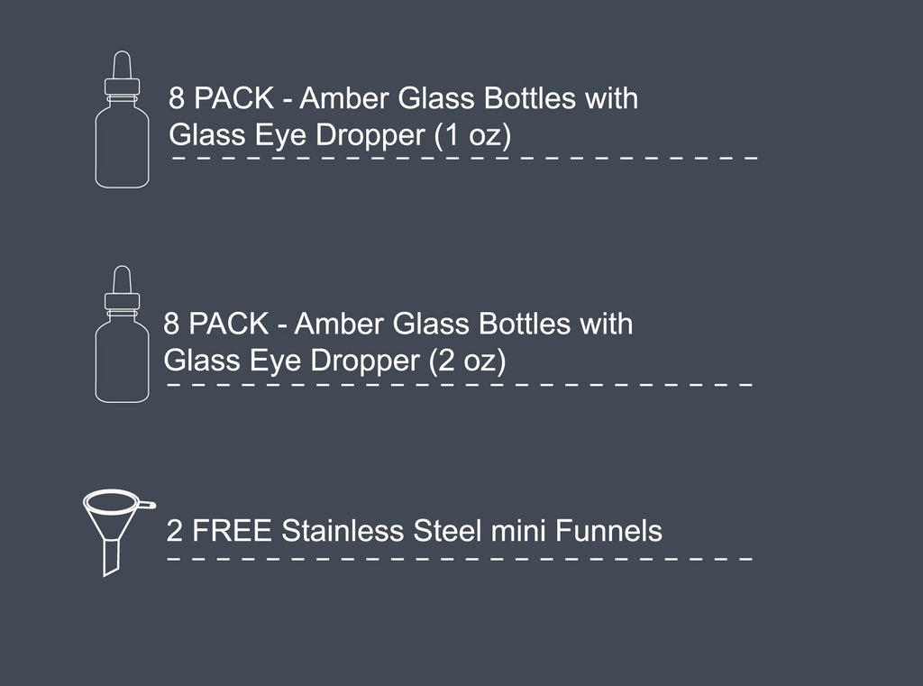 Youngever 16 Amber Glass Dropper Bottles for Essential Oil, 8 Pack (1 Ounce) Amber Bottles With Glass Eye Dropper, 8 Pack (2 Ounce) Amber Bottles With Glass Eye Dropper, 2 Stainless Steel Mini Funnels