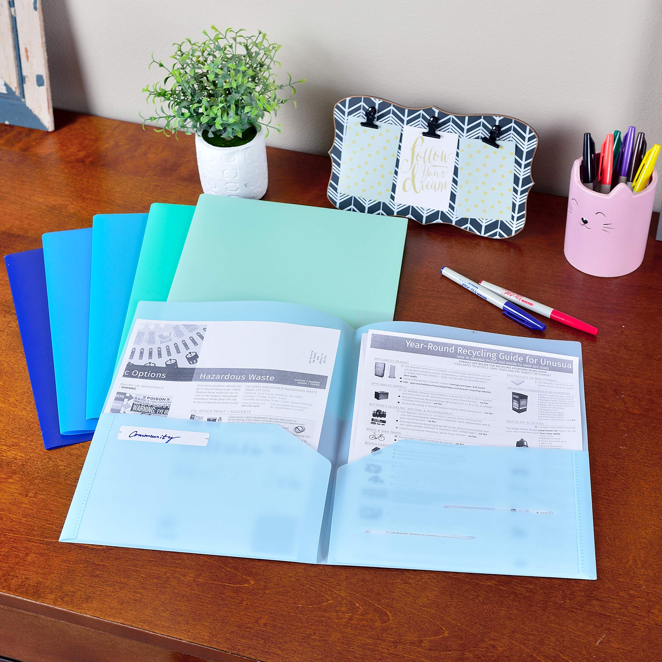 Youngever 12 Pack Heavy Duty Plastic Two Pocket Folders, Heavy Duty Plastic 2 Pocket Folder, Coastal Colors