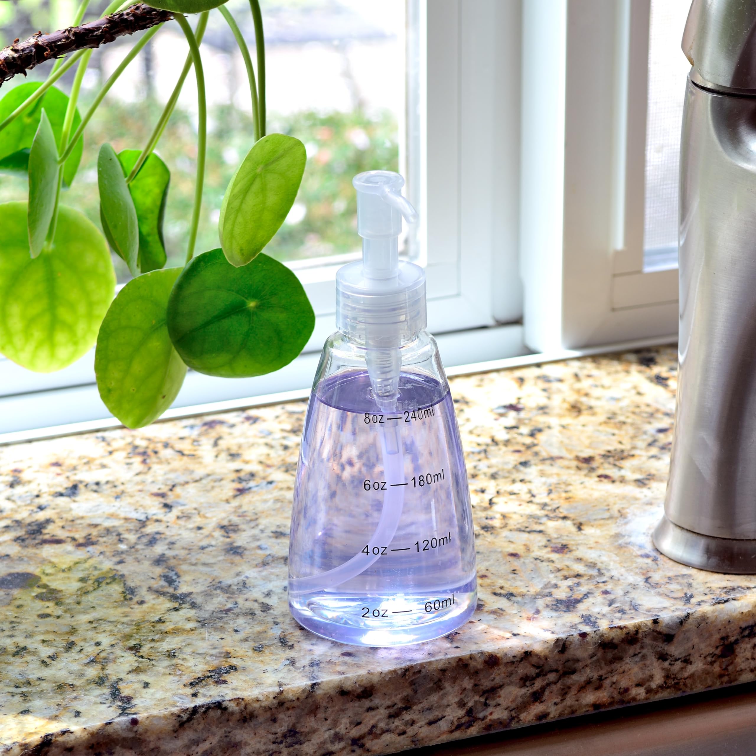 Youngever 6 Pack Plastic Pump Bottles 8 Ounce, Clear Refillable Plastic Pump Bottles with Measurement and Travel Lock (Cone Shape)