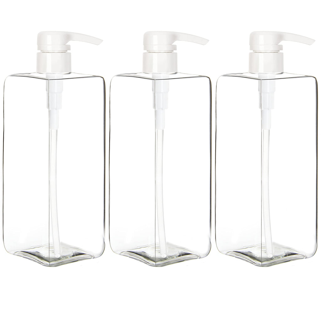 Youngever 3 Pack 24 Ounce Plastic Pump Bottles, Refillable Square Plastic Pump Bottles for Dispensing Lotions, Shampoos and More (Clear)