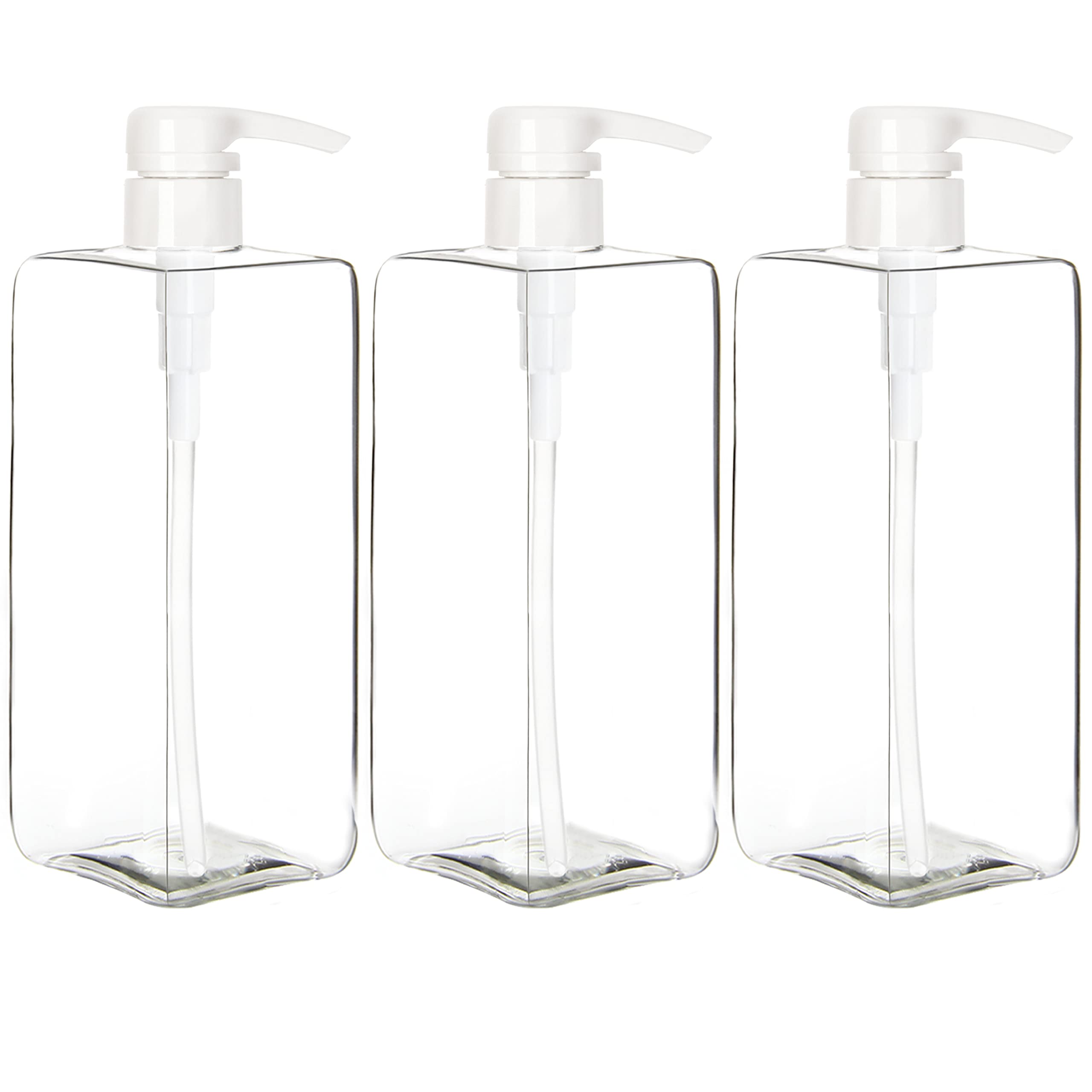 Youngever 3 Pack 24 Ounce Plastic Pump Bottles, Refillable Square Plastic Pump Bottles for Dispensing Lotions, Shampoos and More (Clear)