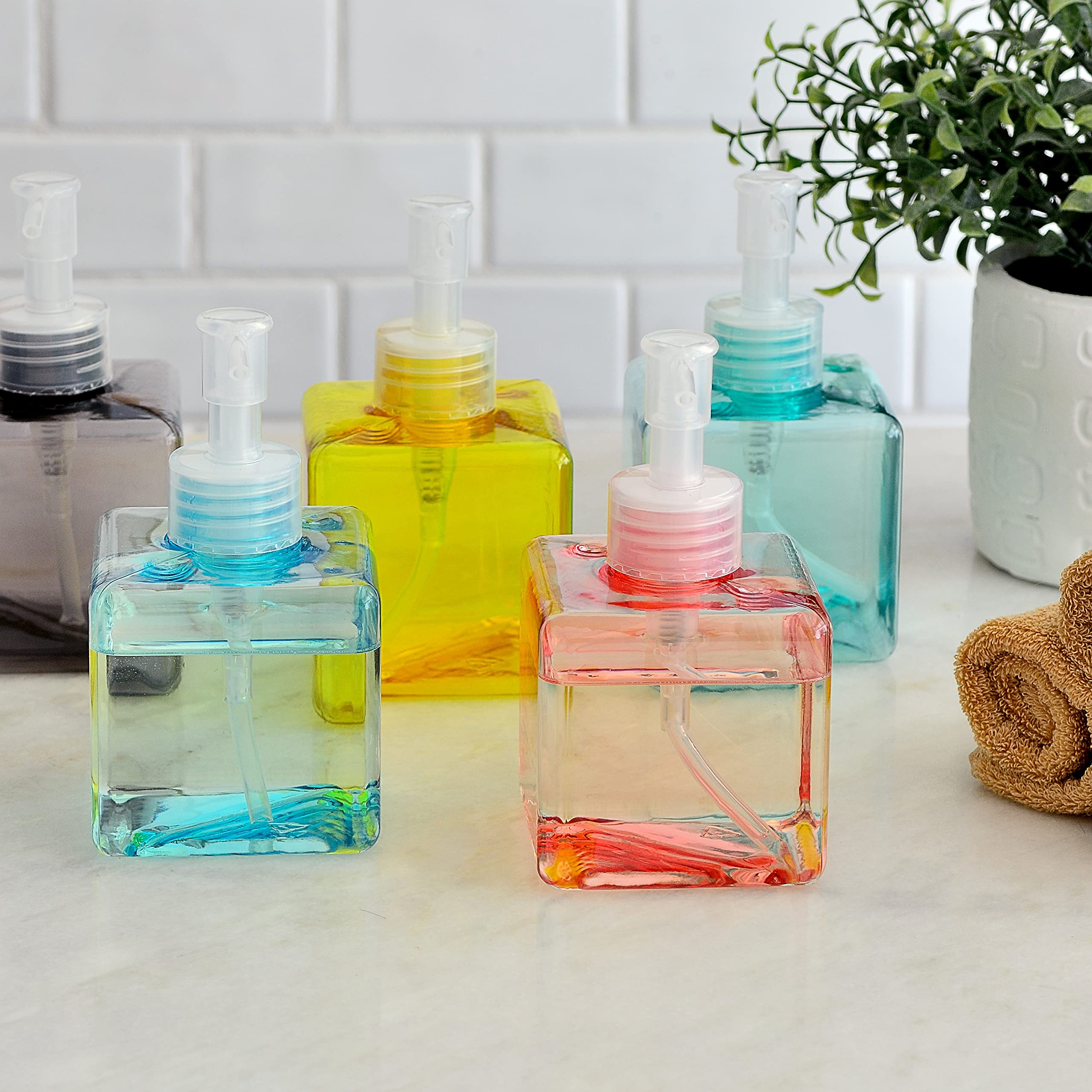 Youngever 5 Pack Color Plastic Square Pump Bottles, Refillable Plastic Pump Bottles for Dispensing