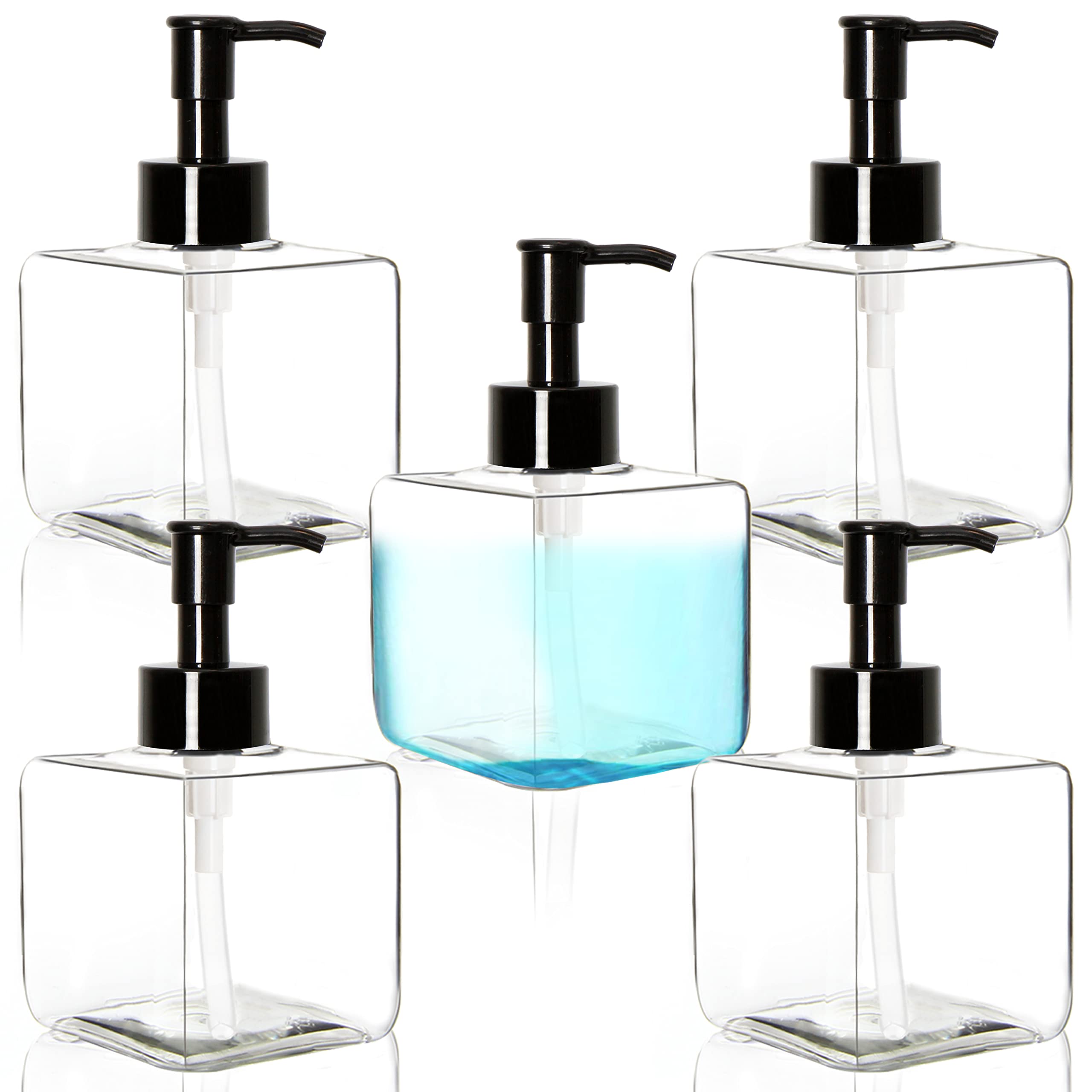Youngever 5 Pack Clear Plastic Square Pump Bottles, Refillable Plastic Pump Bottles for Dispensing Lotions, Shampoos