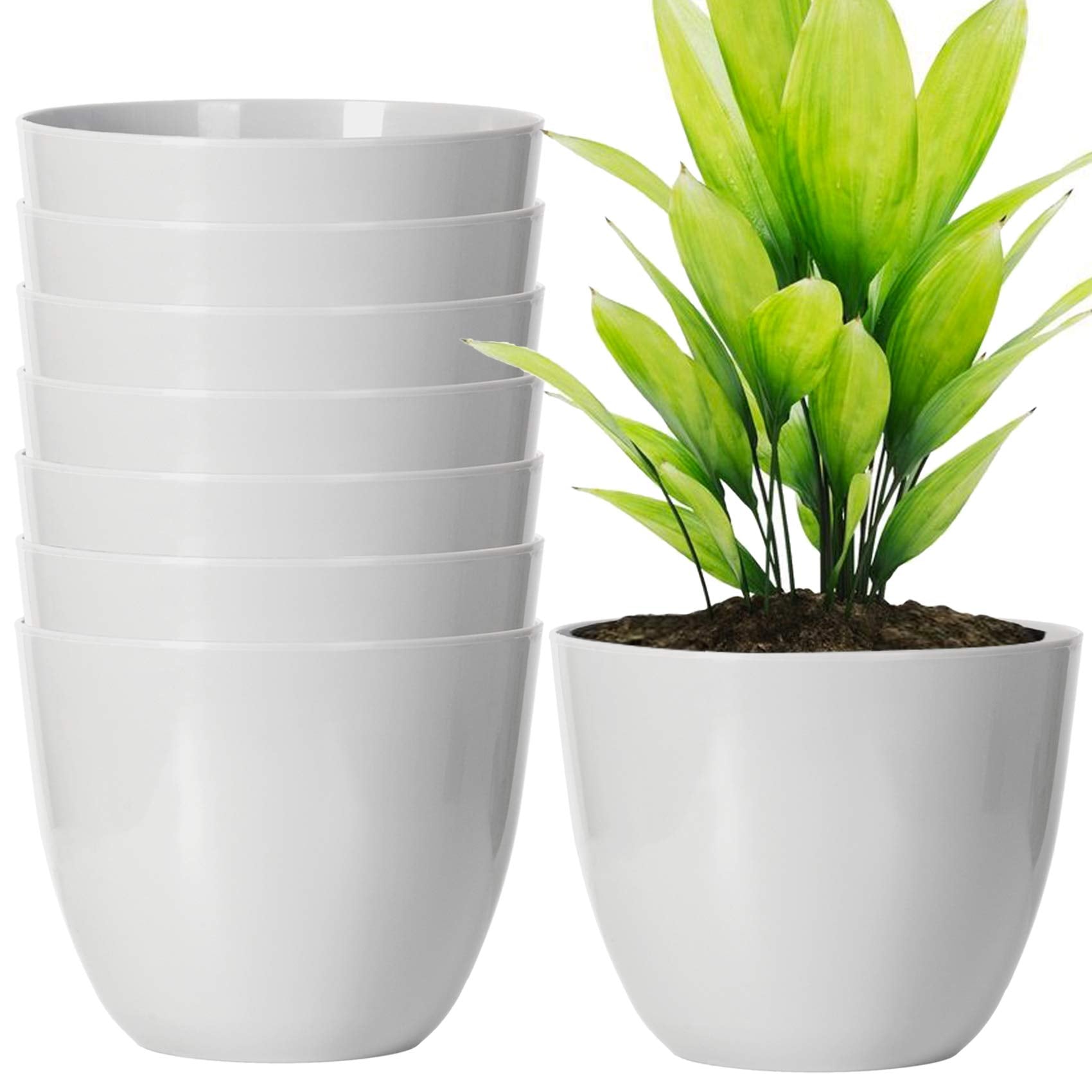Youngever 8 Pack 5.5 Inch Plastic Planters Indoor Flower Plant Pots, Modern Decorative Gardening Pot with Drainage for All House Plants, Flowers, Herbs, Succulents and Hanging Plants