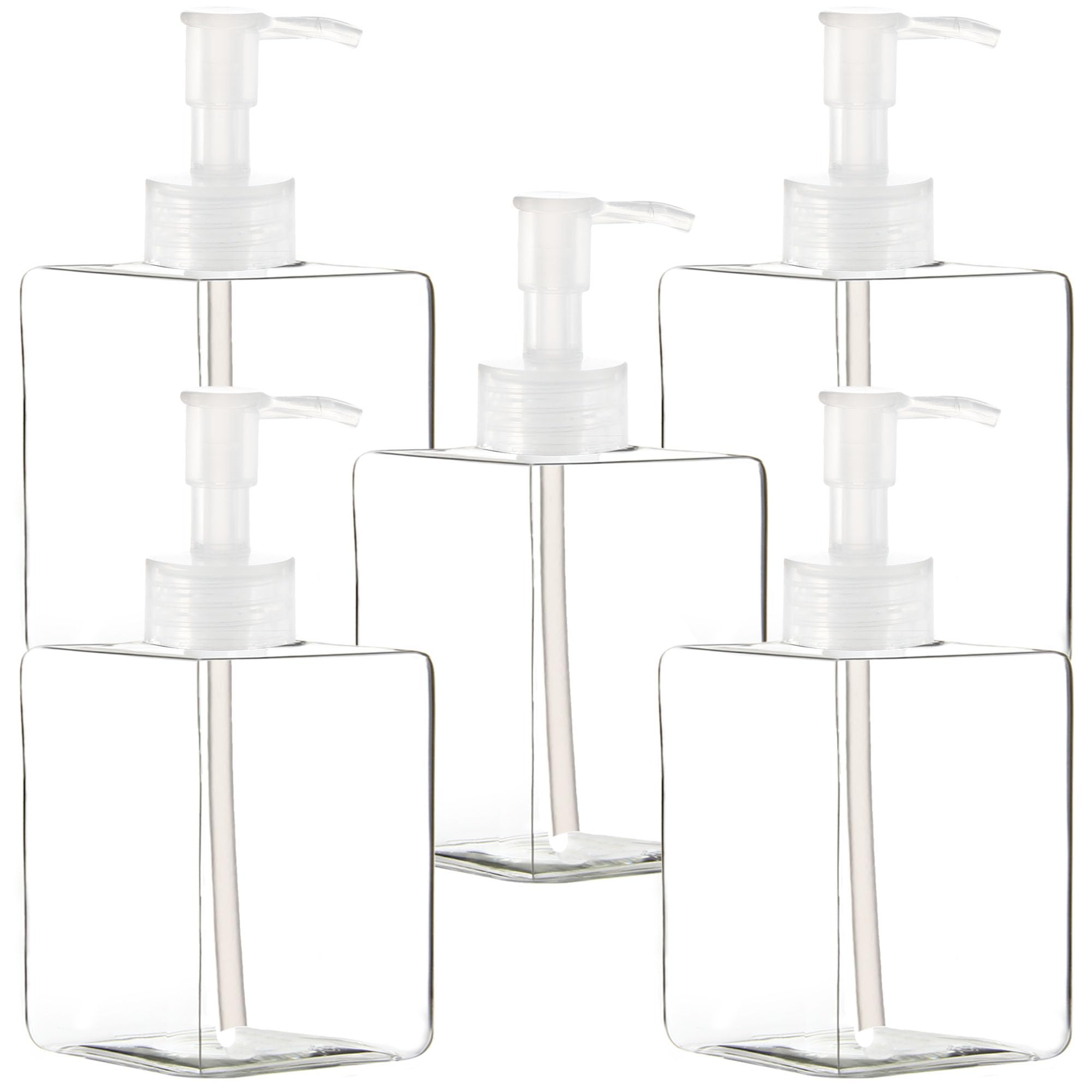 Youngever 5 Pack Clear Plastic Square Pump Bottles, Refillable Plastic Pump Bottles for Dispensing Lotions, Shampoos