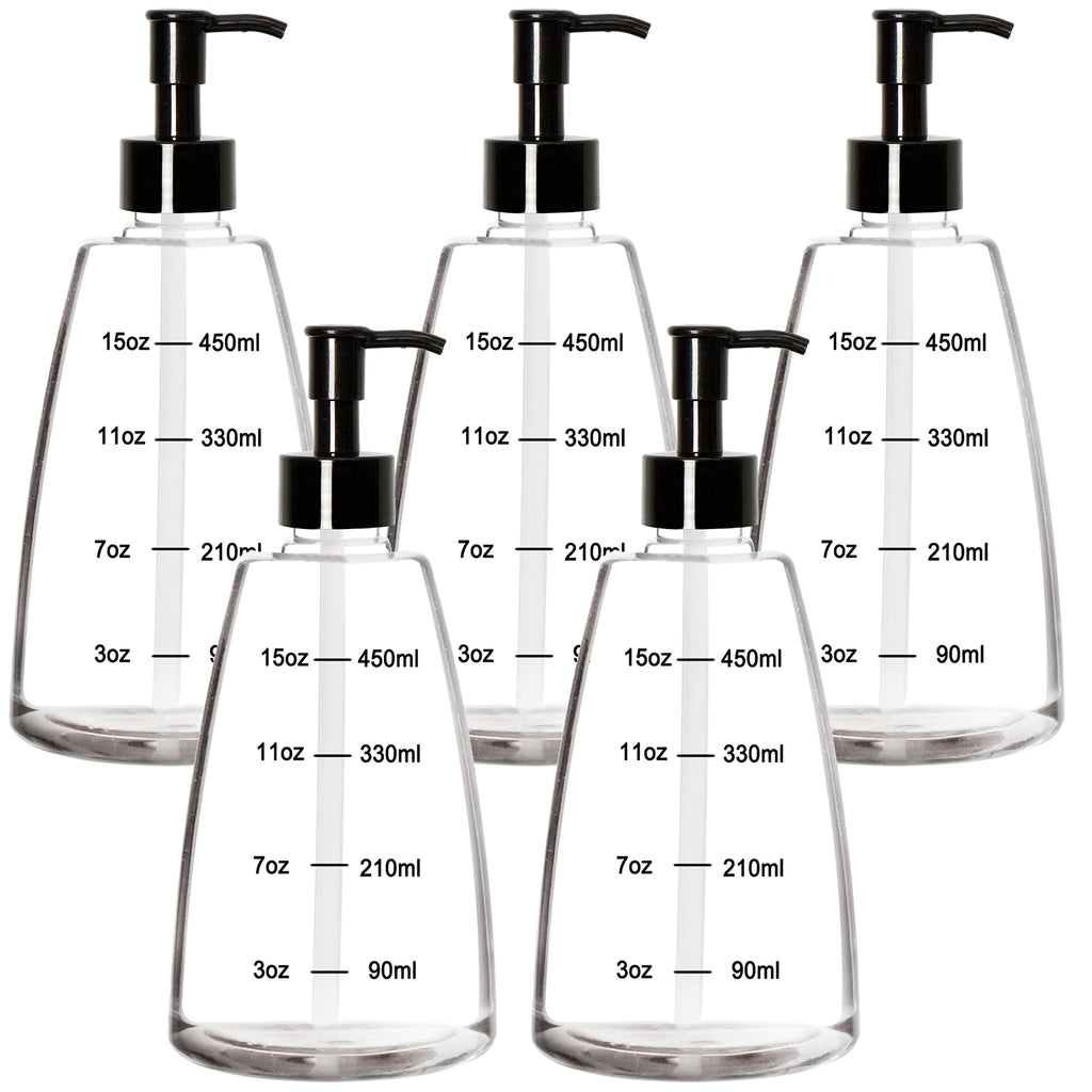 Youngever 5 Pack Plastic Pump Bottles 16 Ounce, Clear Refillable Plastic Pump Bottles with Measurement and Travel Lock