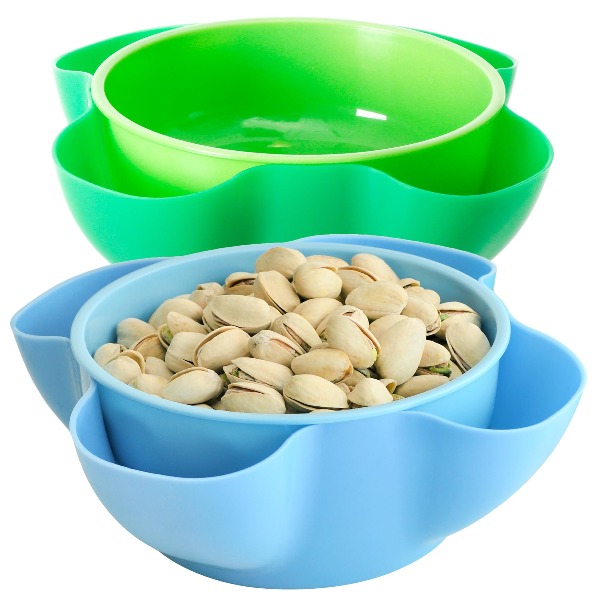 Youngever 2 Pack Plastic Nut Bowls, Double Dish Snack Serving Bowls, 8 Inch Pistachio Bowl, Nuts Serving Bowl for Peanuts, Pistachio, Edamame, Fruit