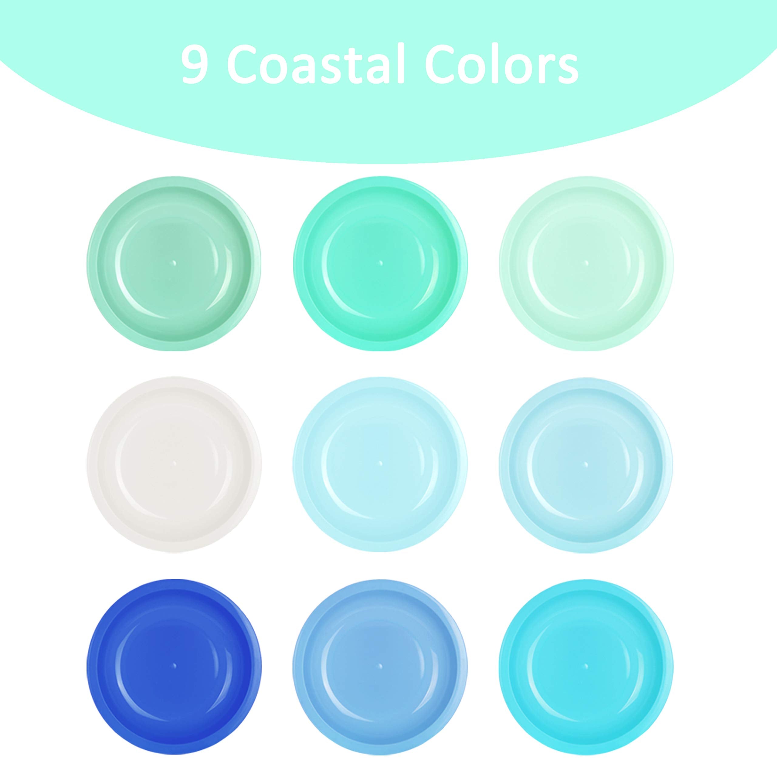 Youngever 54 pcs Plastic Dinnerware Set of 9, Coastal Colors, Toddler Dining Set, Cups, Plates, Bowls, Flatware Set