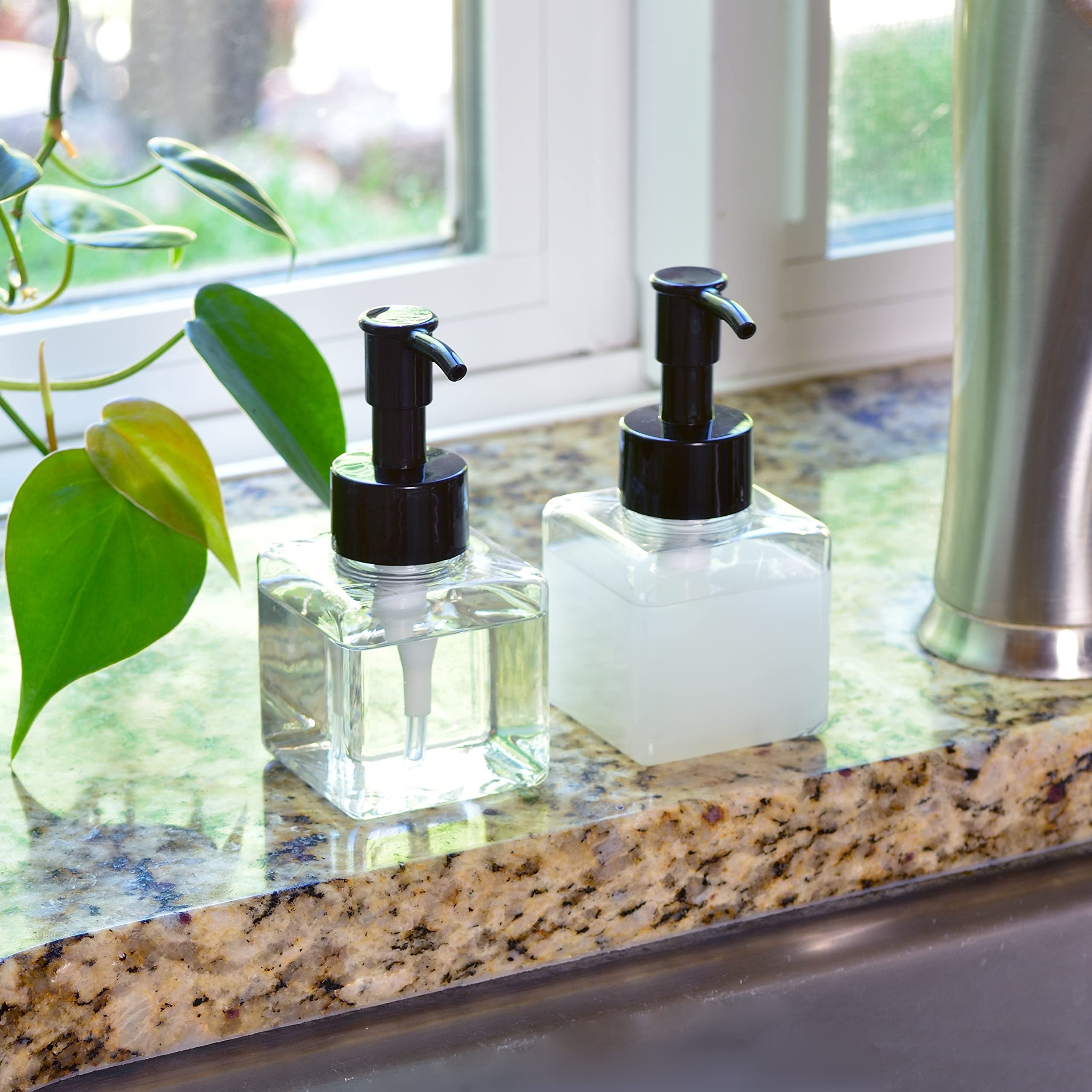 Youngever 5 Pack 4 Ounce Plastic Pump Bottles, Square Refillable Plastic Pump Bottles for Dispensing Lotions, Liquid Soap