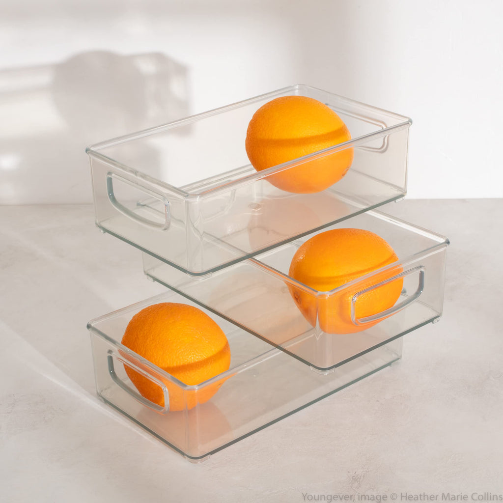 Youngever 4 Pack Stackable Plastic Storage Organizer Container Bins, Stackable Storage Bins with Handler for Refrigerator, Pantry