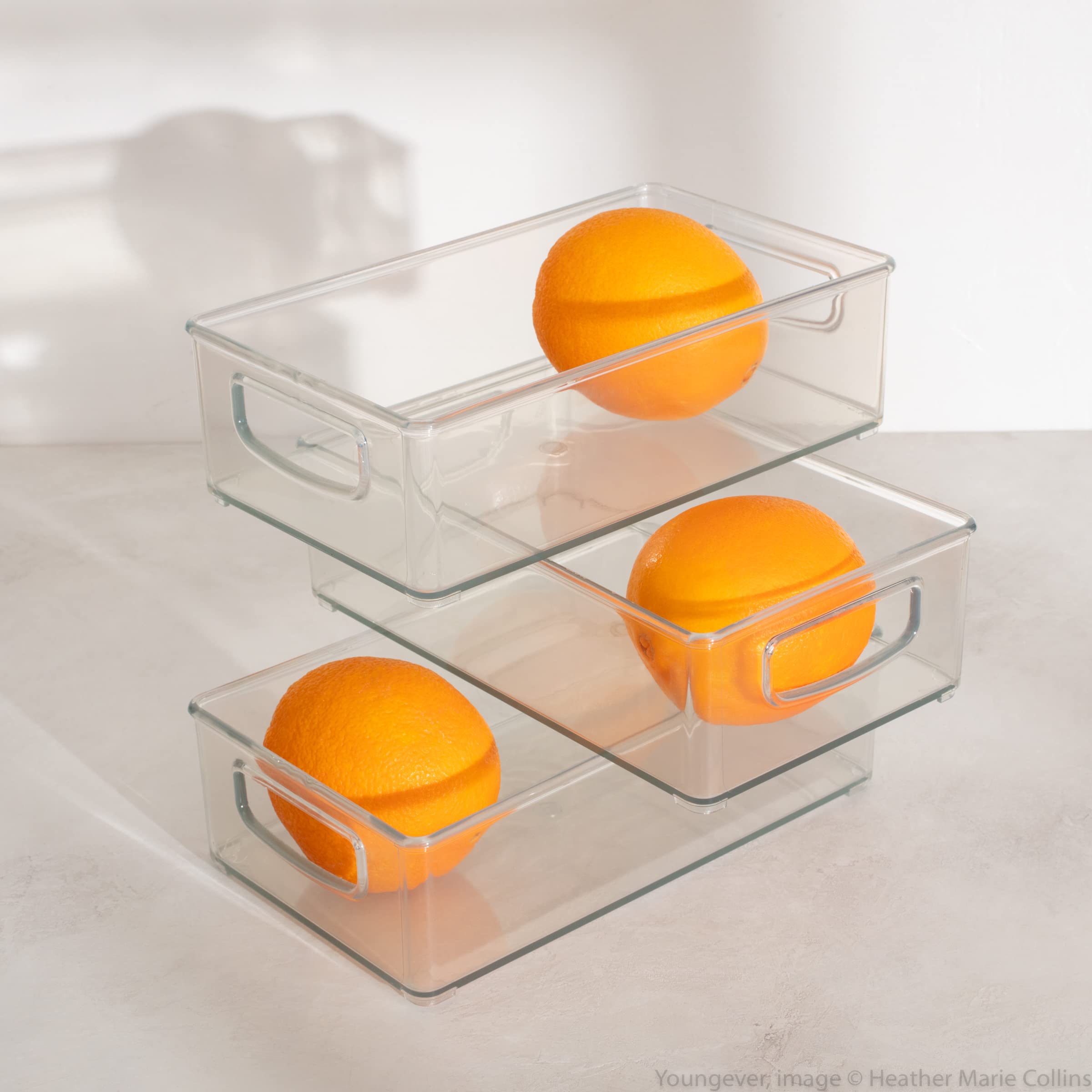 Youngever 4 Pack Stackable Plastic Storage Organizer Container Bins, Stackable Storage Bins with Handler for Refrigerator, Pantry