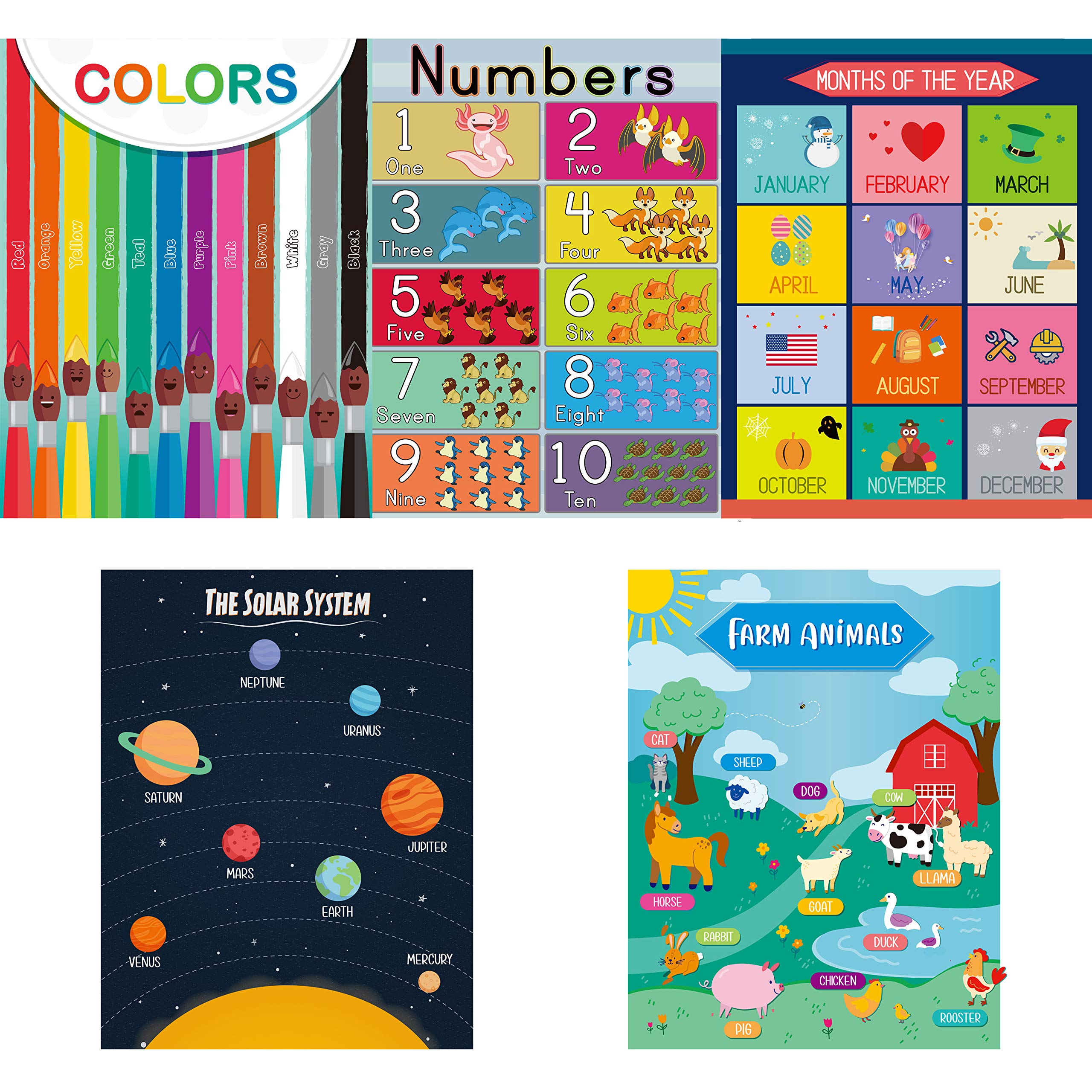Youngever 13 Pack Laminated Educational Preschool Posters for Toddlers and Kids, Learning Posters, Classroom Posters, Teaching Posters, Alphabet ABC Posters, with Solar System
