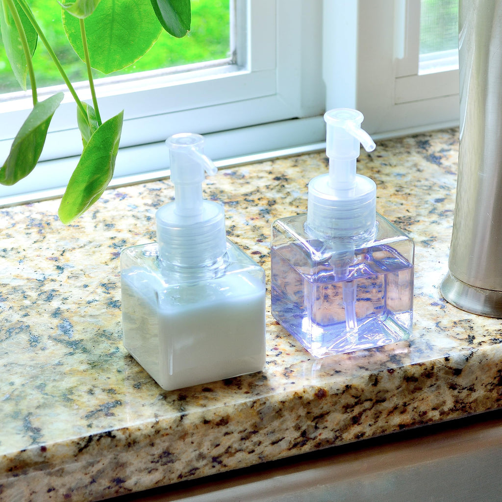 Youngever 5 Pack 4 Ounce Plastic Pump Bottles, Square Refillable Plastic Pump Bottles for Dispensing Lotions, Liquid Soap (Clear with Clear Pump)