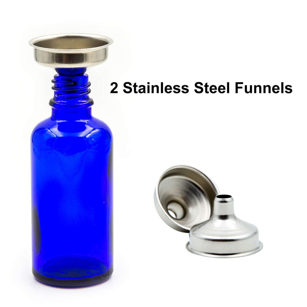 Youngever 12 Pack 2 Ounce Blue Glass Dropper Bottles for Essential Oil, 2 Stainless Steel Mini Funnels