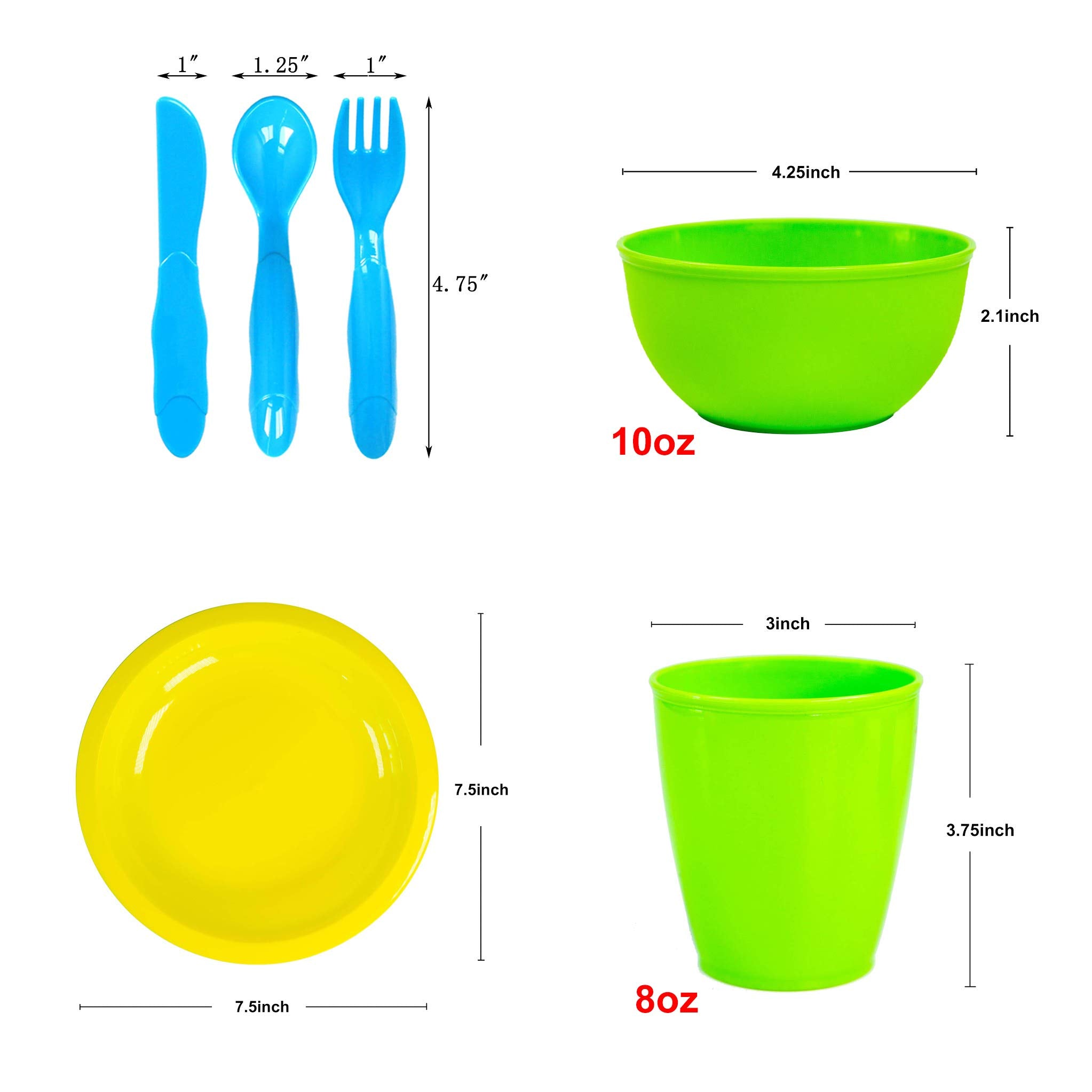 Youngever 54 Pcs Plastic Kids Dinnerware Set of 9 in Assorted Colors, Toddler Dining Set, Cups, Plates, Bowls, Flatware Set, Dishes
