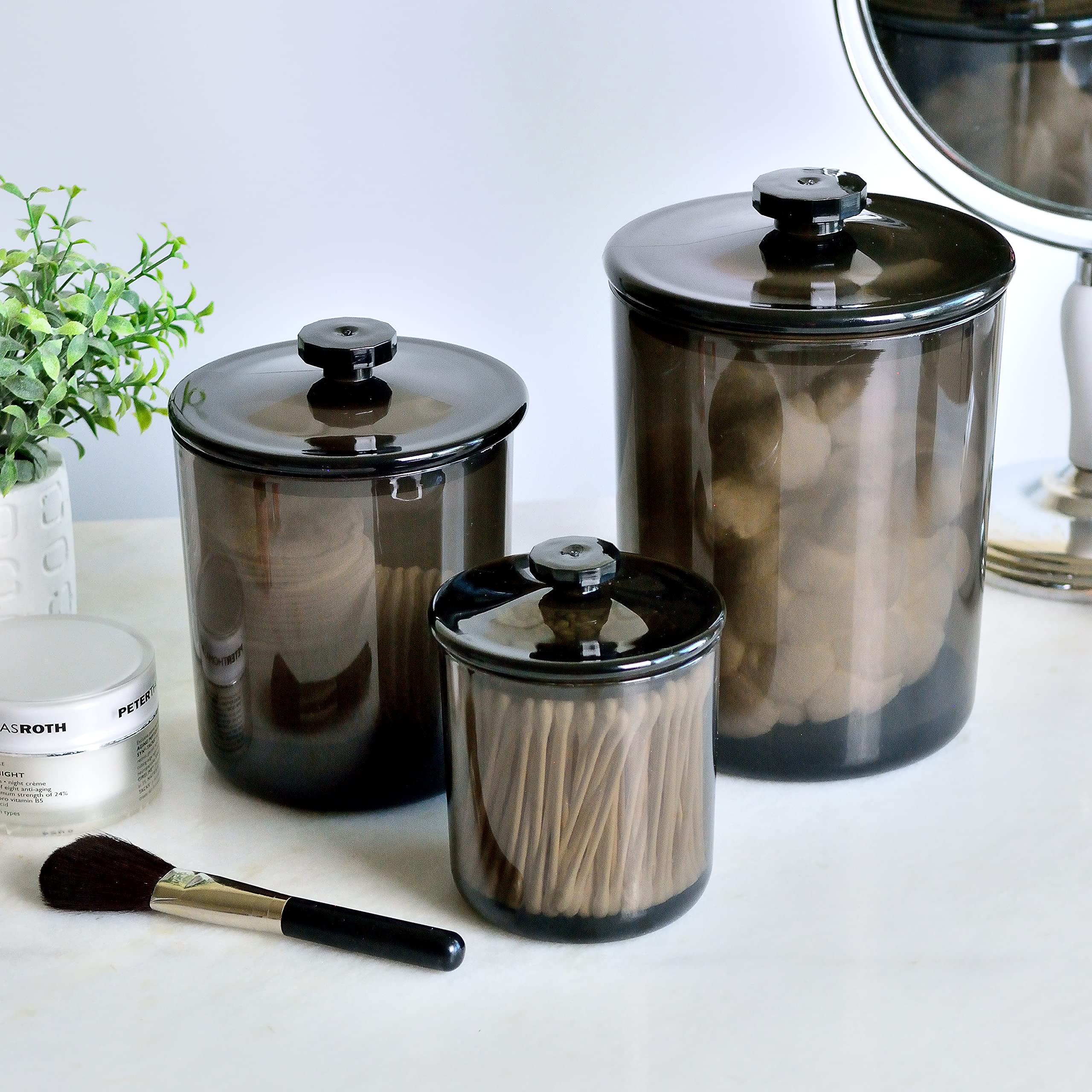 Youngever Black Plastic Apothecary Jars, Qtip Holder, Cotton Swab Holder, Bathroom Vanity Organizer for Cotton Balls, Cotton Pads, Qtips