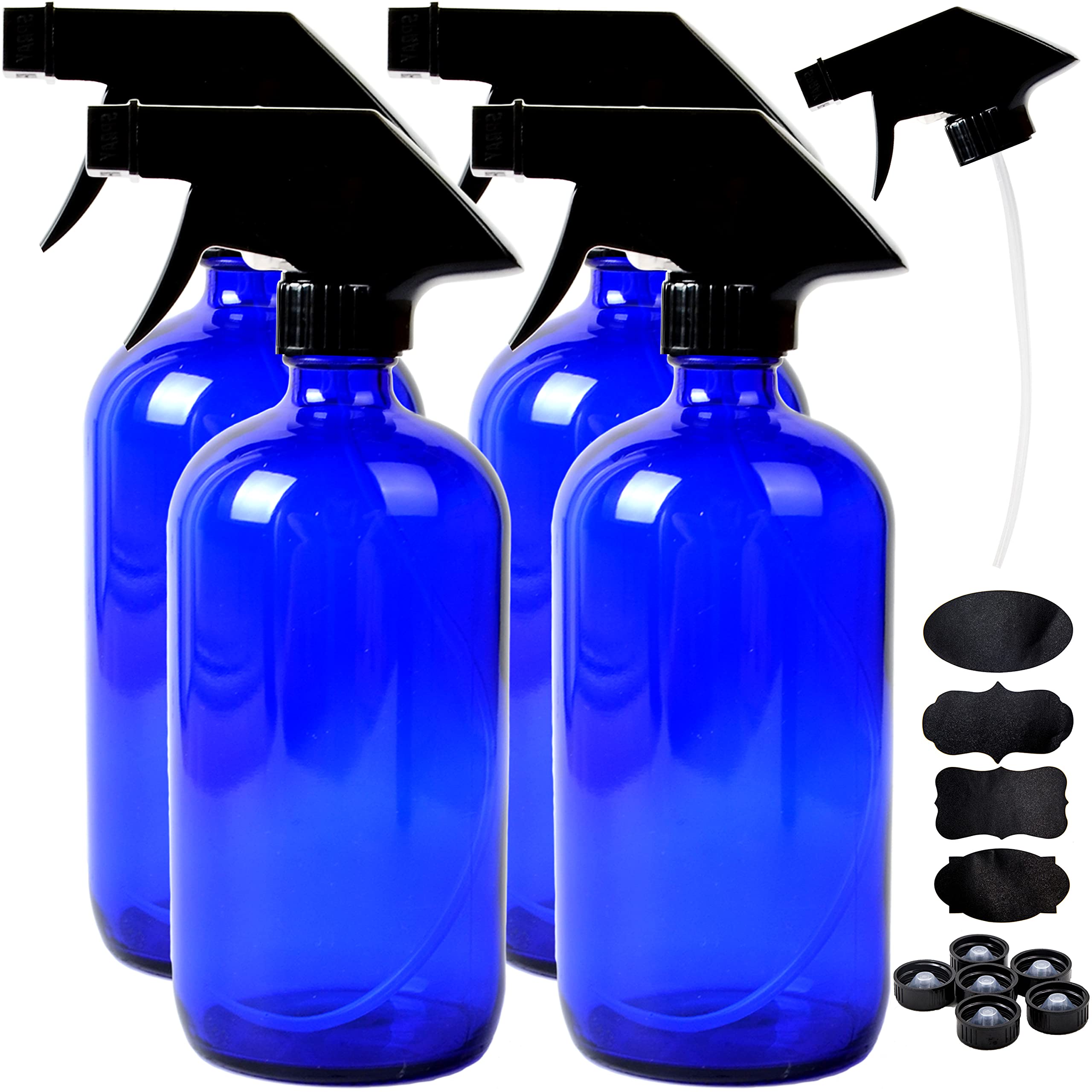 Youngever 4 Pack 16 Ounce Empty Glass Spray Bottles, Refillable Container for Essential Oils, Cleaning Products, or Aromatherapy, Trigger Sprayer with Mist and Stream Settings