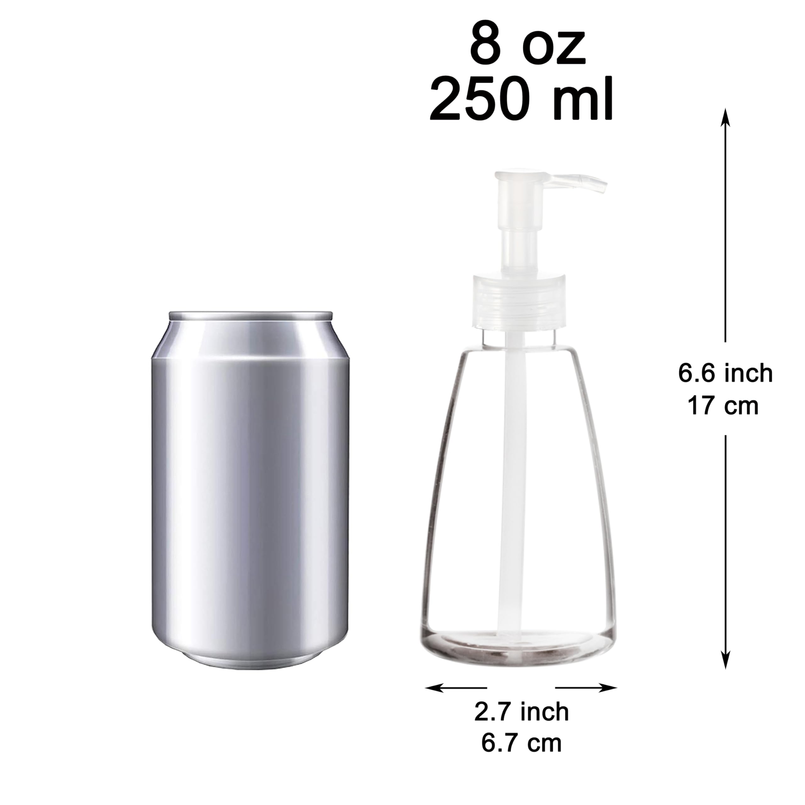 Youngever 6 Pack Plastic Pump Bottles 8 Ounce, Clear Refillable Plastic Pump Bottles with Measurement and Travel Lock (Cone Shape)