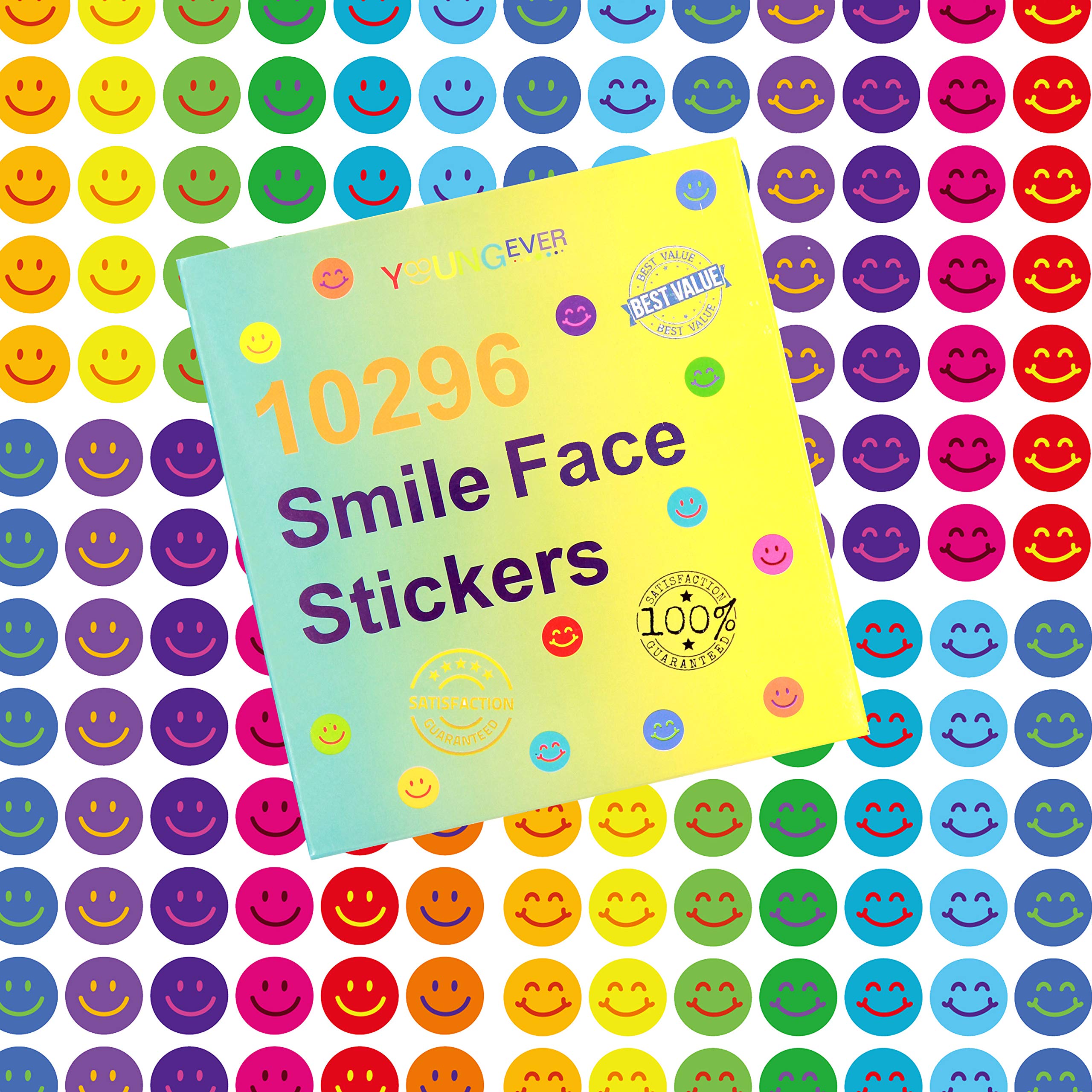 Youngever 10296 pcs Happy Smile Face Stickers, 12 Colors, Incentive Stickers for Reward Behavior Chart 3/8 Inch, Teacher Supplies Classroom Supplies