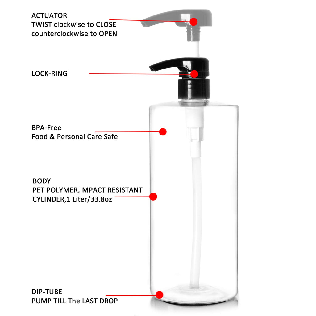 Youngever 4 Pack Pump Bottles for Shampoo 32 Ounce (1 Liter), Empty Shampoo Pump Bottles, Plastic Cylinder with Lockdown-Leak Proof-Pumps