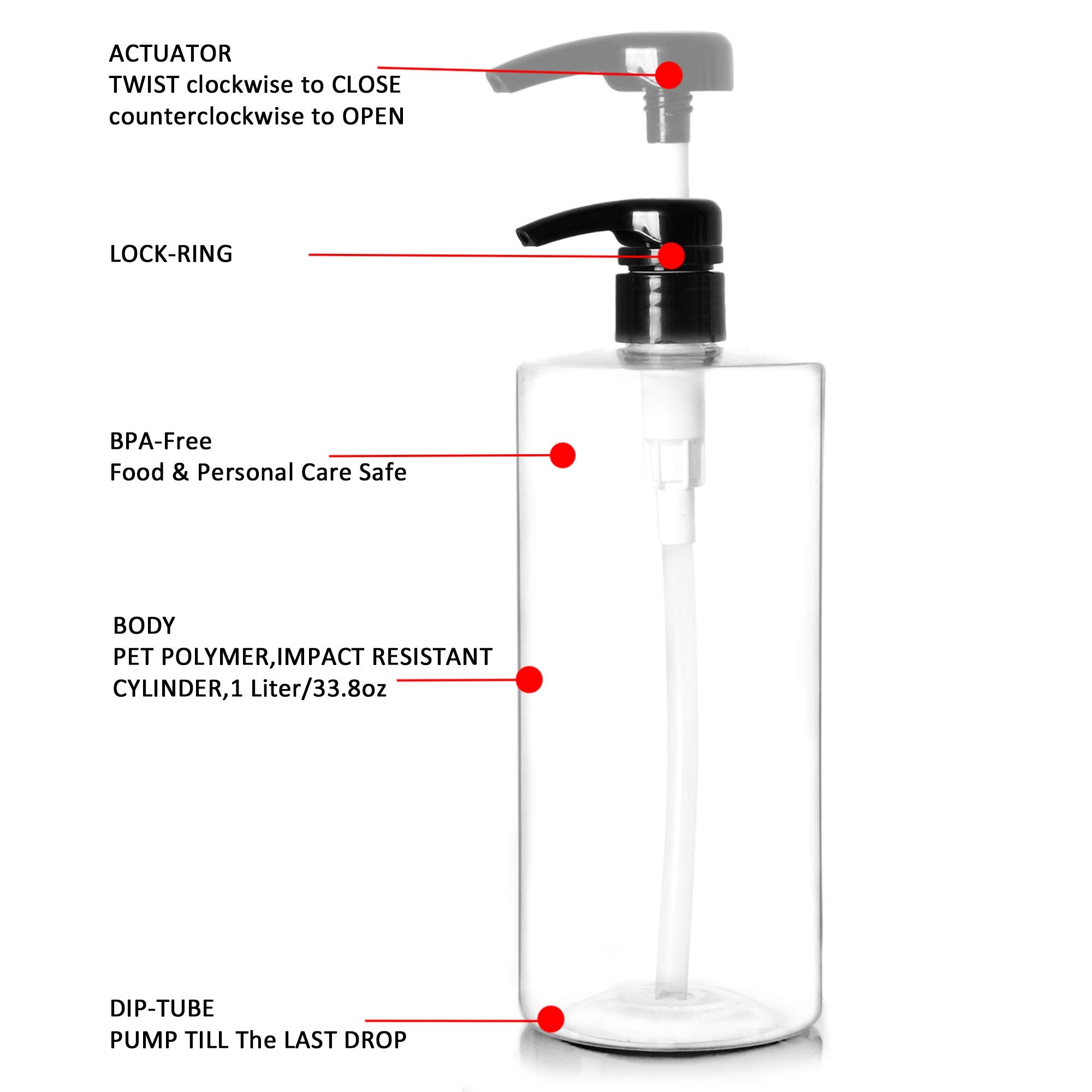 Youngever 4 Pack Pump Bottles for Shampoo 32 Ounce (1 Liter), Empty Shampoo Pump Bottles, Plastic Cylinder with Lockdown-Leak Proof-Pumps