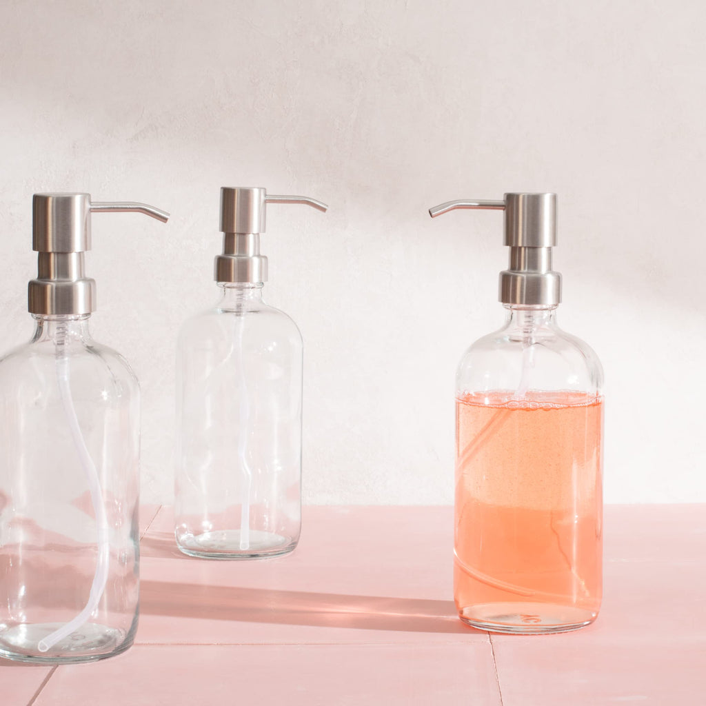Youngever 3 Pack 16 Ounce Clear Glass Boston Round Bottles with Stainless Steel Pumps, Glass Soap Dispensers with Extra Labels and Lids, Great for Essential Oils, Lotions, Liquid Soaps