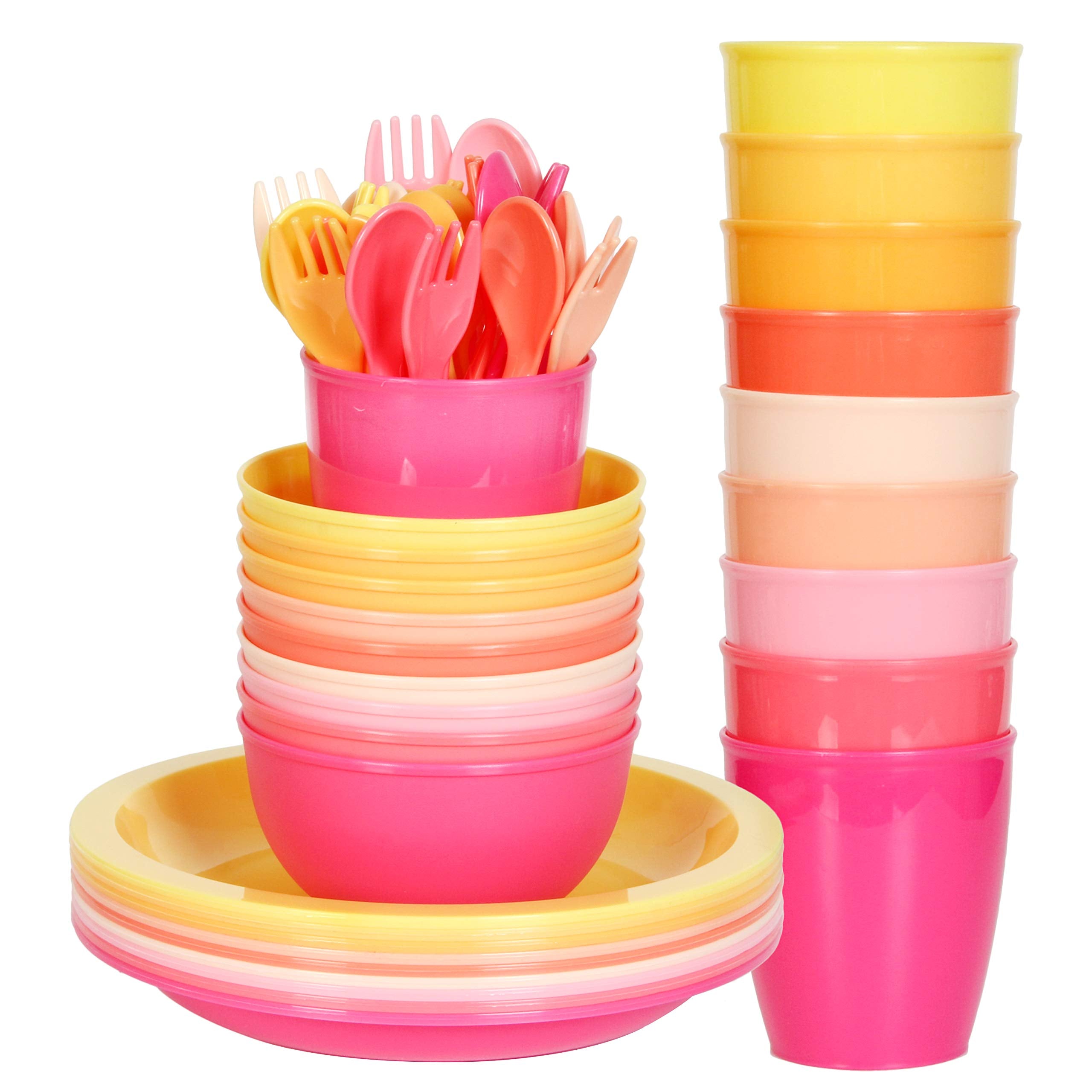 Youngever 54 pcs Plastic Kids Dinnerware Set of 9 in 9 Peach Colors, Toddler Safe, Microwave Safe, Dishwasher Safe, Durable and Reusable
