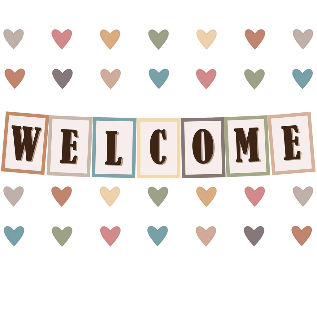 Youngever 67 pcs Confetti Pennants Welcome Bulletin Board with Golden Border (Boho Design)