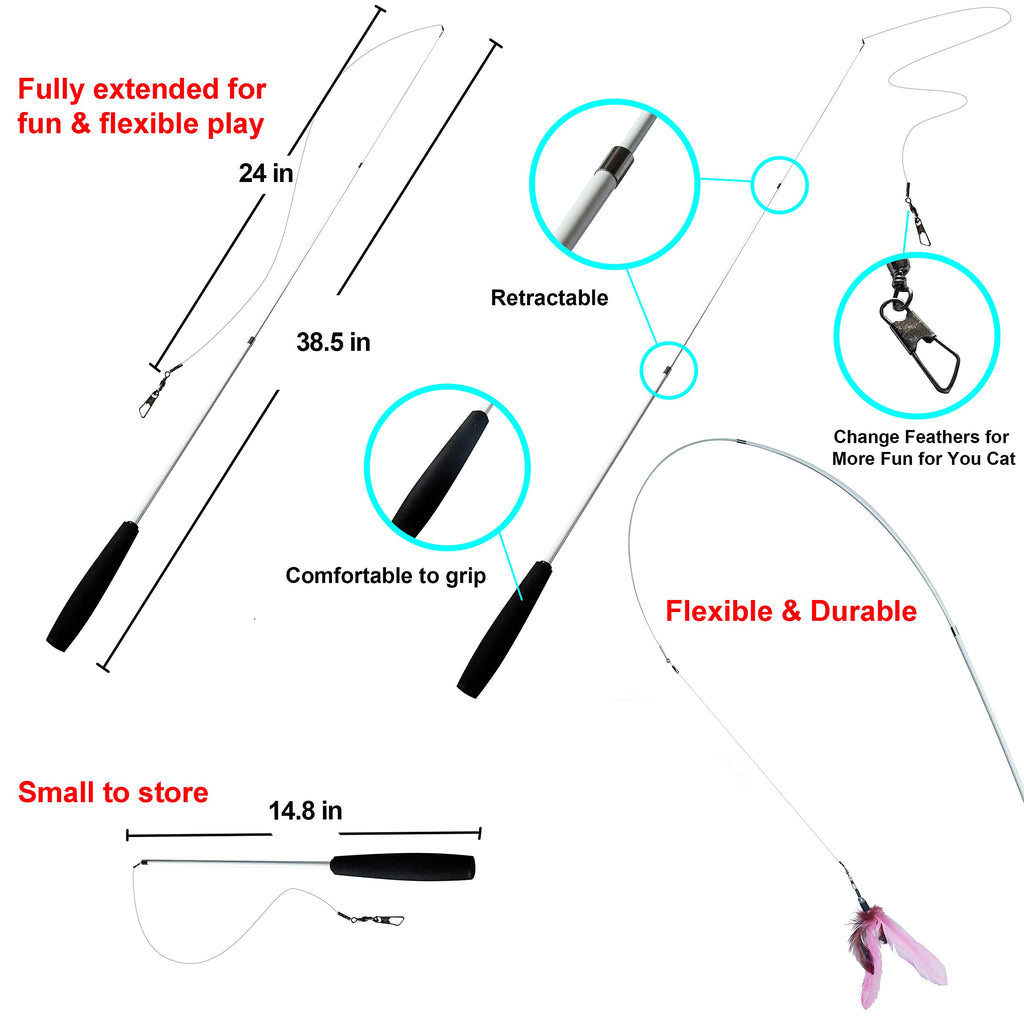 Youngever 6-Piece Cat Teaser Wand Toy Set with Assorted Refills, Interactive Feather Toys for Adult Cats