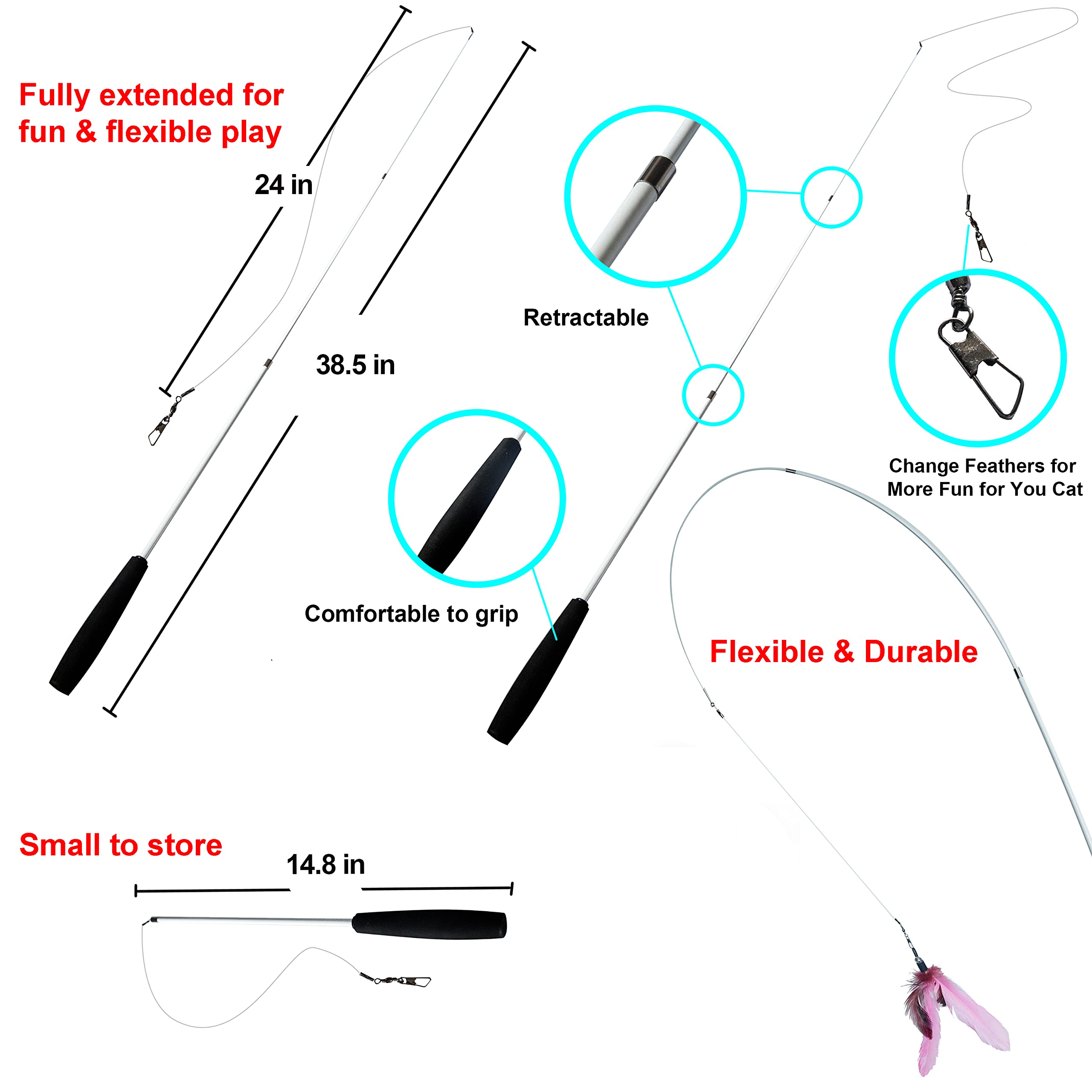 Youngever 6-Piece Cat Teaser Wand Toy Set with Assorted Refills, Interactive Feather Toys for Adult Cats