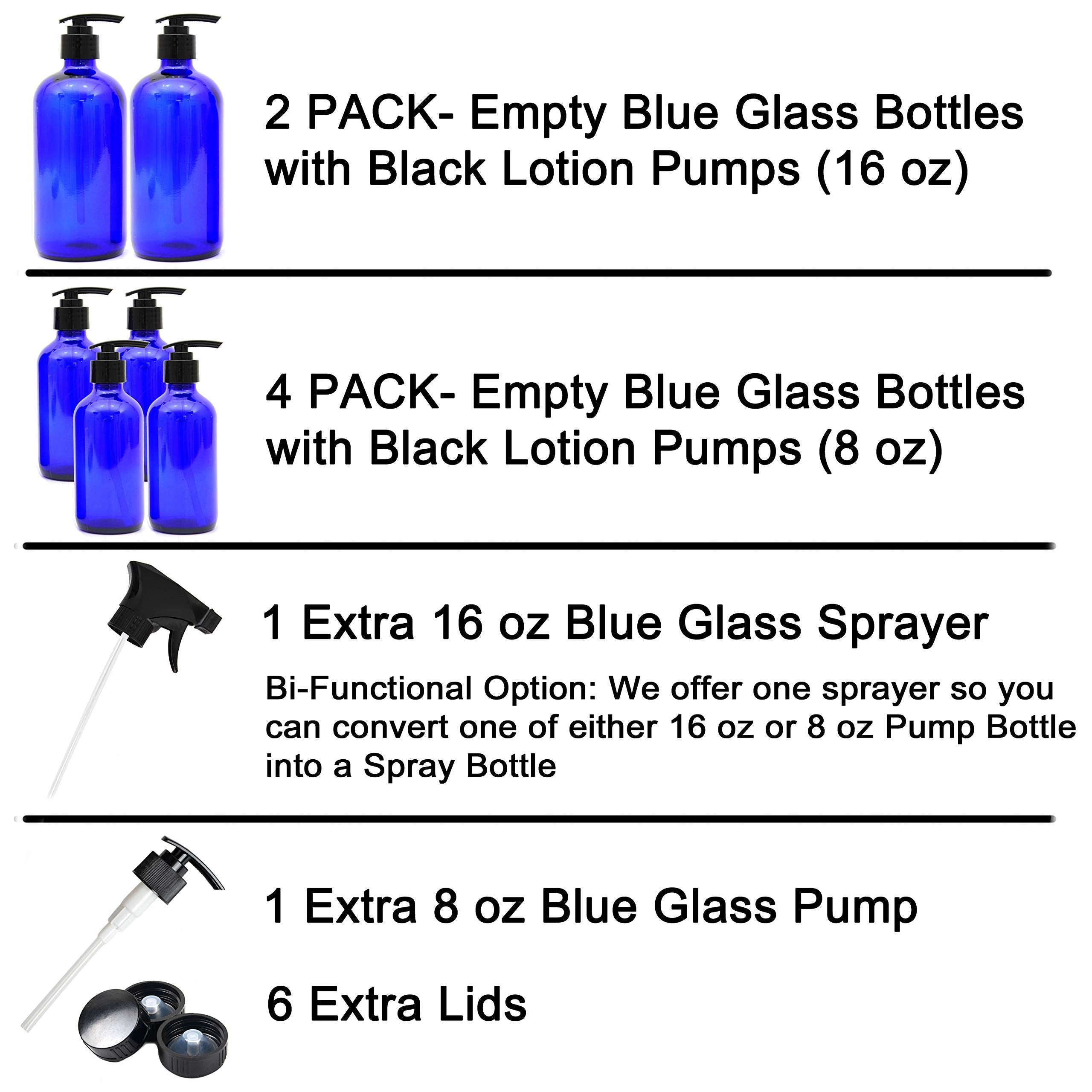 Youngever 6 Pack Empty Glass Pump Bottles, 2 Pack 16 Ounce and 4 Pack 8 Ounce Pump Bottles, Soap Dispenser, Refillable Containers
