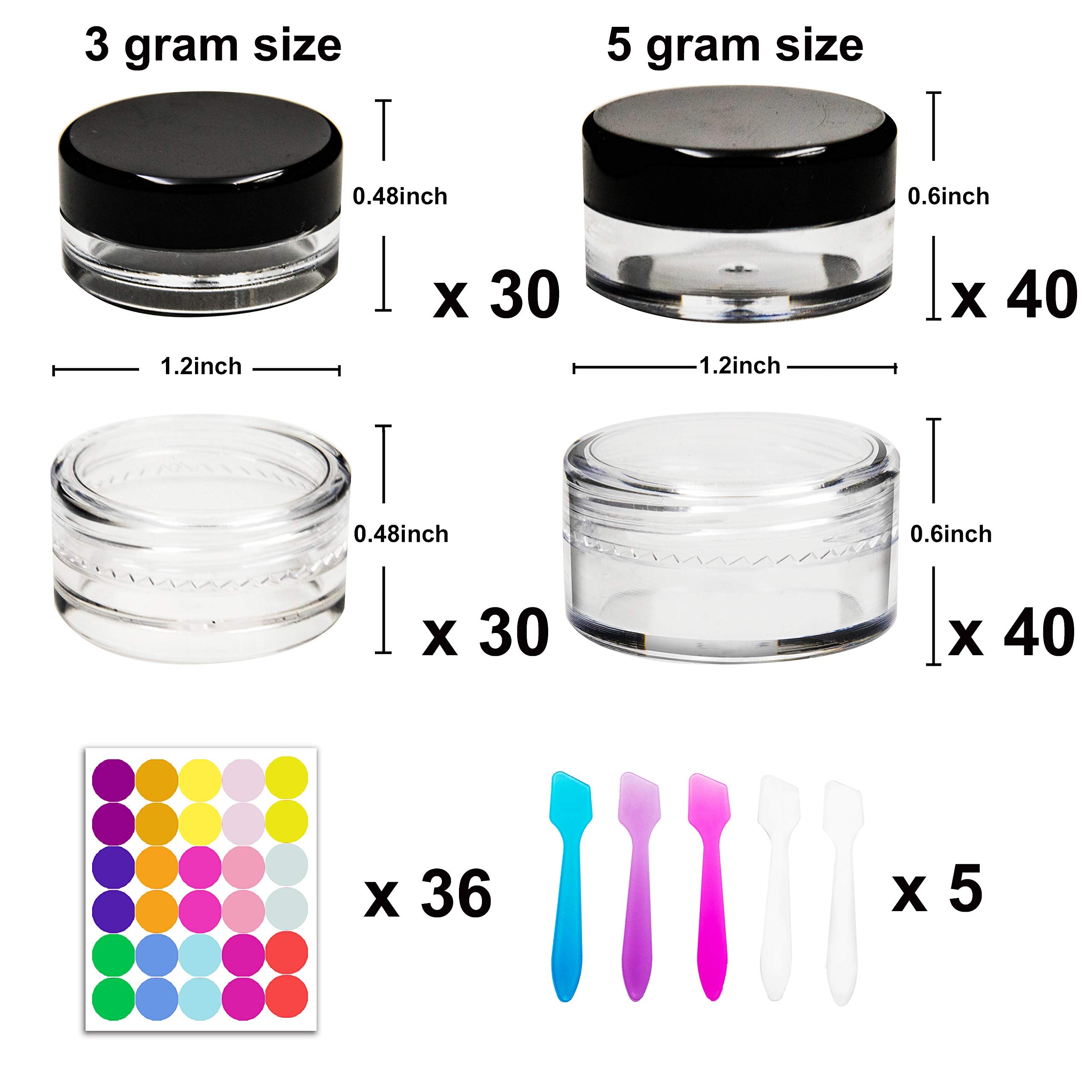 Youngever 140 Pcs Empty Plastic Cosmetic Samples Containers, 80 Pack 5G Plastic Jars With Lids (40 White,40 Black), 60 Pack 3G Cosmetic Jars with Lids (30 White,30 Black), 5 Mini Spatulas and Labels