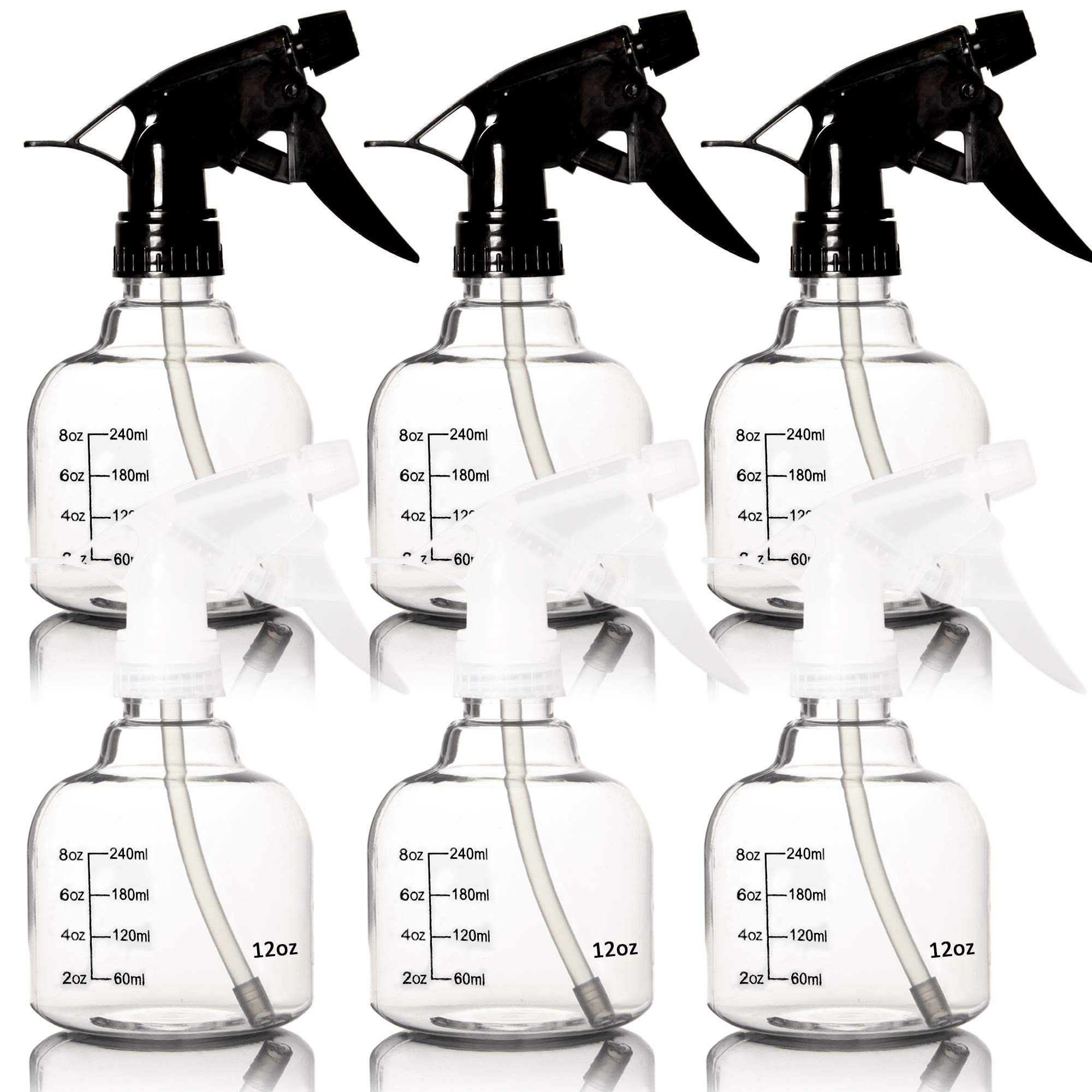 Youngever 6 Pack Empty Plastic Spray Bottles, Spray Bottles for Hair and Cleaning Solutions, 3 Clear and 3 Black Colors (12 Ounce)