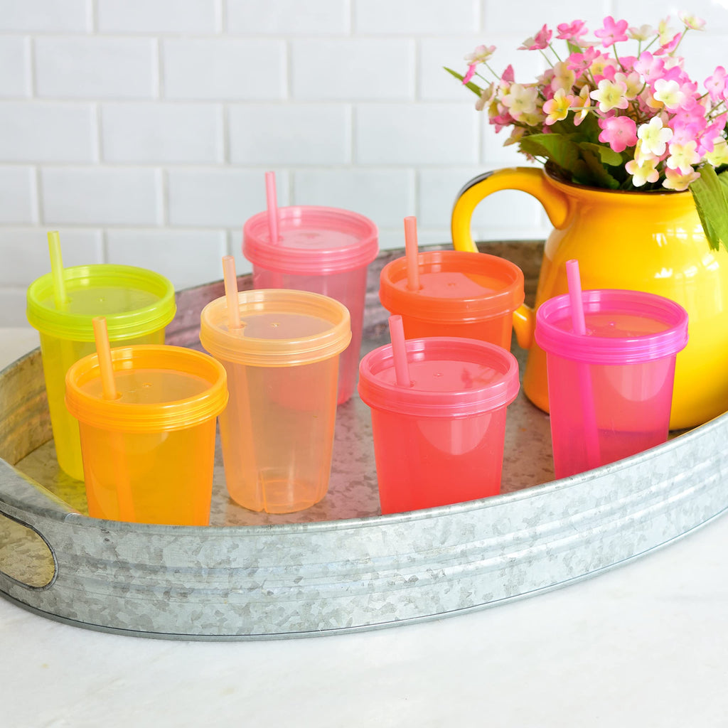 Youngever 7 Sets Plastic Kids Cups with Lids and Straws, 7 Reusable Toddler Cups with Straws in 7 Pink Colors