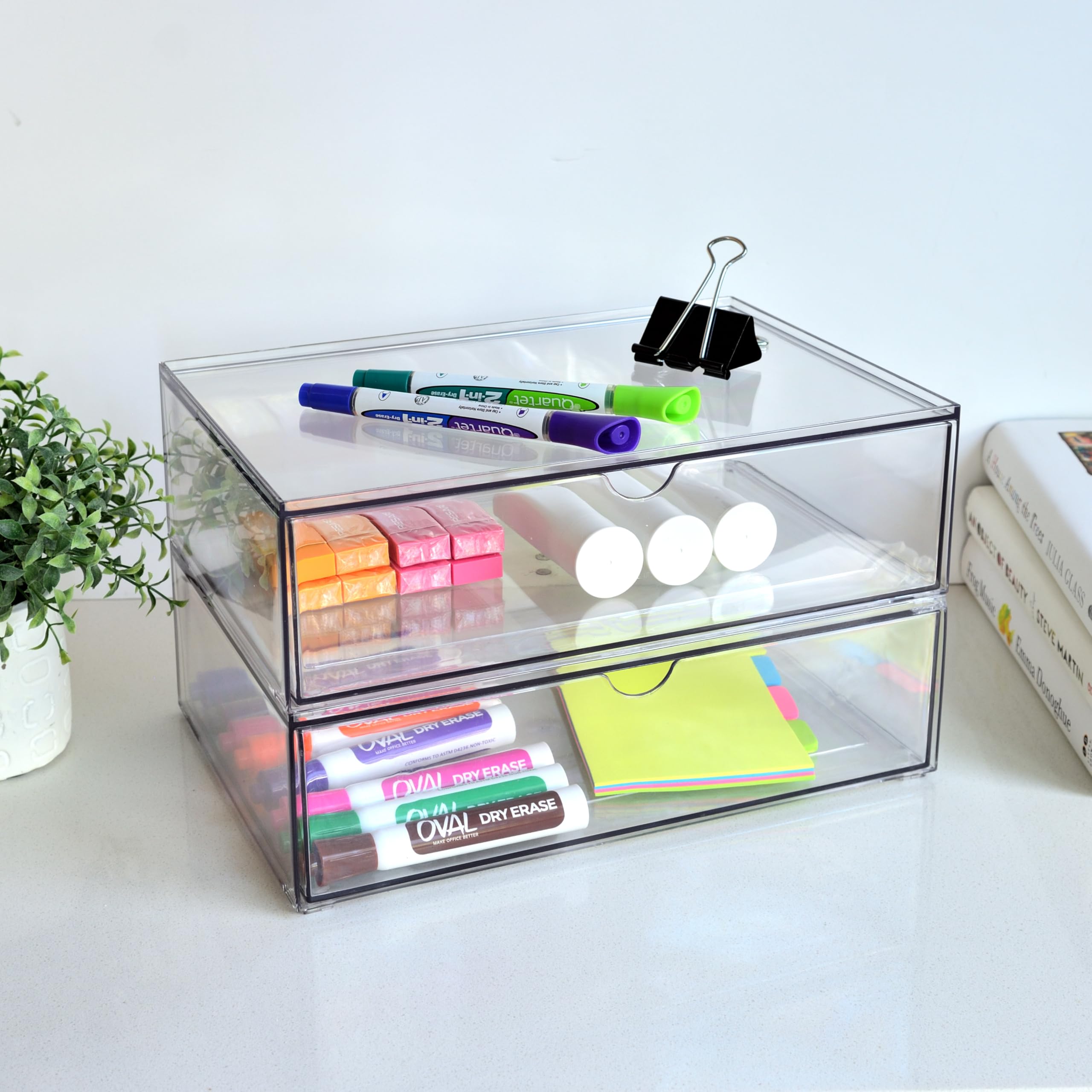 Youngever 2 Pack Stackable Office Drawer Organizers, Office Desk Organizers, Clear Stationery Organizers (12 x 7.5 x 3.5 inch)