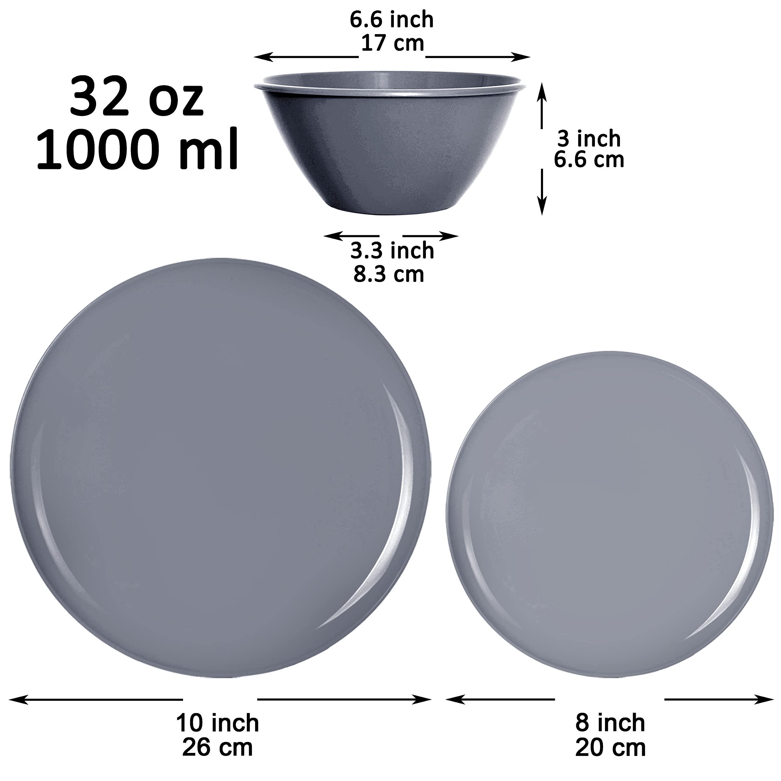 Youngever 18 Pieces Plastic Kitchen Dinnerware Set, Plates (8 Inch & 10 Inch), Bowls (32OZ), Service for 6