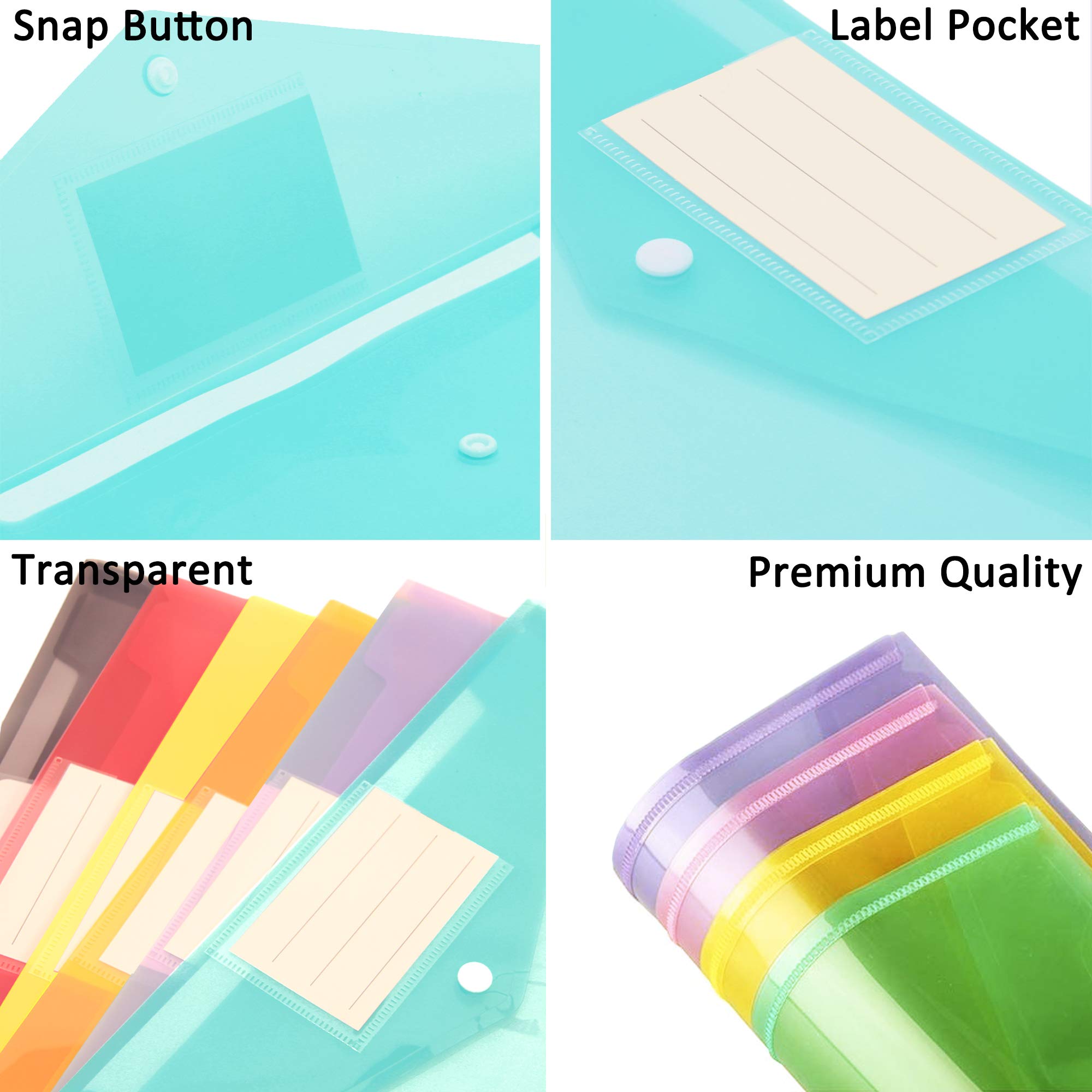 Youngever 21 Pack Plastic Envelopes Poly Envelopes, Clear Document Folders, US Letter A4 Size File Envelopes with Label Pocket Snap Button, for School Home Work Office Organization, 7 Assorted Colors