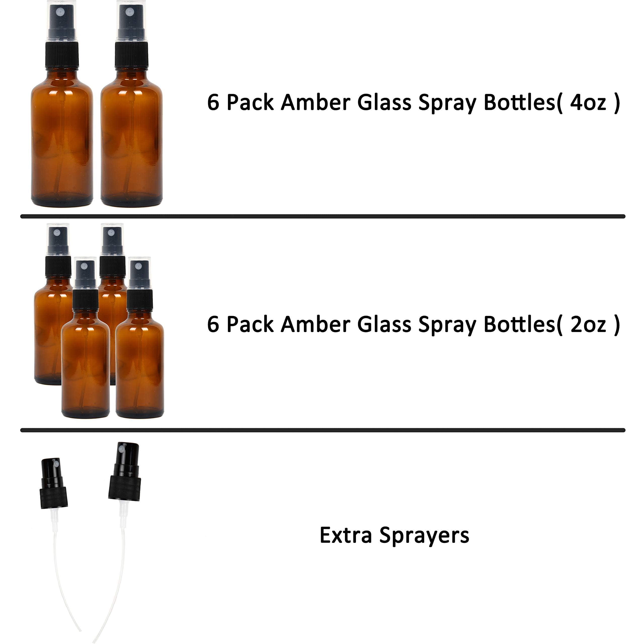 Youngever 12 Pack Empty Amber Glass Spray Bottles, 6 Pack 4 Ounce and 6 Pack 2 Ounce Refillable Containers for Essential Oils, Cleaning Products, Durable Black Trigger Sprayer Fine Mist and Stream