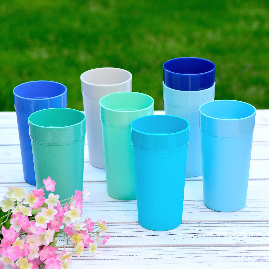 Youngever 18 Pack Unbreakable Plastic Tumblers 20 Ounce, Unbreakable Plastic Drinking Glasses, Plastic Cups, Set of 18 in 9 Coastal Colors